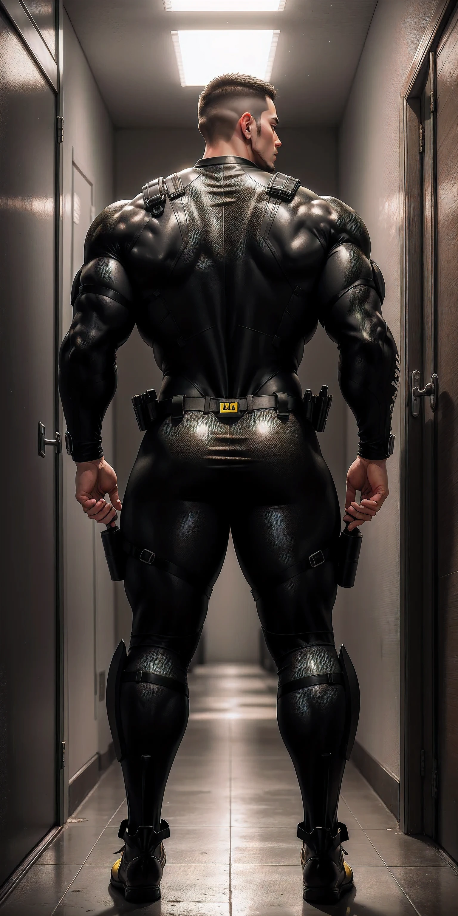 特别High背影, huge, and muscular police officer.,Yellow and gray khaki camouflage wetsuit,he faces the wall,Hold the wall with both hands,Straighten your hips,character idea(Resident Evil - chris redfield,chris redfield)senior police officer,身穿Yellow and gray khaki camouflage wetsuit,matte texture,regular symmetrical texture pattern,Standing in the dark sugar cane jungle, The body is wrapped in thick rattan,heroic male pose,高大burly,muscular!Charming leg muscles,High, burly, Heqiang, 身穿Yellow and gray khaki camouflage wetsuit, Super gain and cool, high resolution committee, Big feet in black boots,Charming strong man,The bright sunshine is shining on you,matte particles,shiny texture