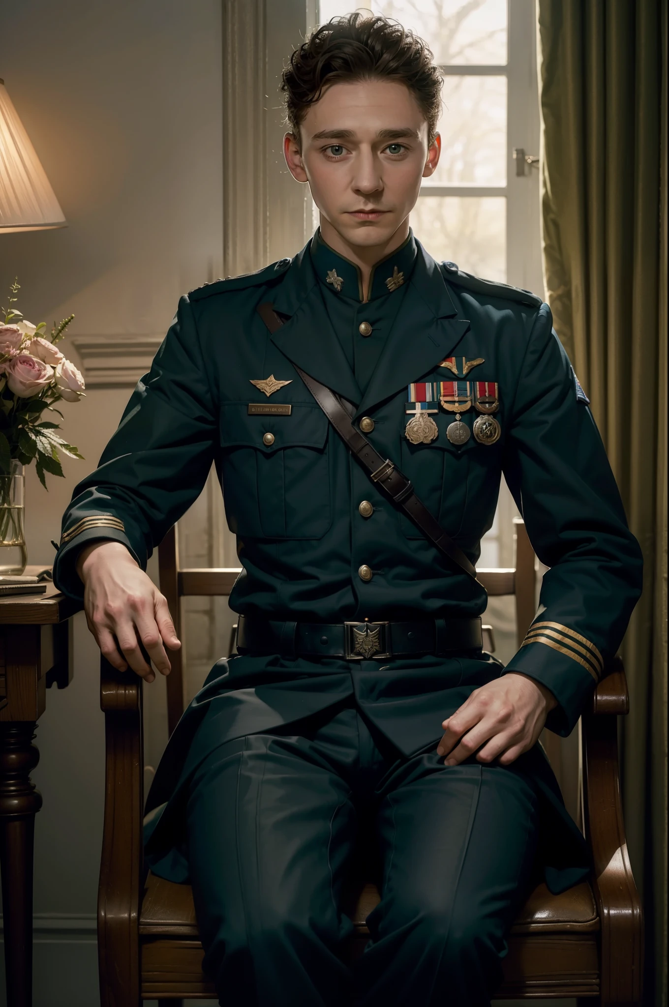 arafed photograph of a man in uniform sitting on a chair, author unknown, young tom hiddleston, tolkien, jrr tolkien, in military uniform, inspired by William Crosbie, in a soldier uniform, portrait of a soldier, taken on a ww 1 camera, j.r.r. tolkien, by Carl Critchlow, inspired by John Nelson Battenberg