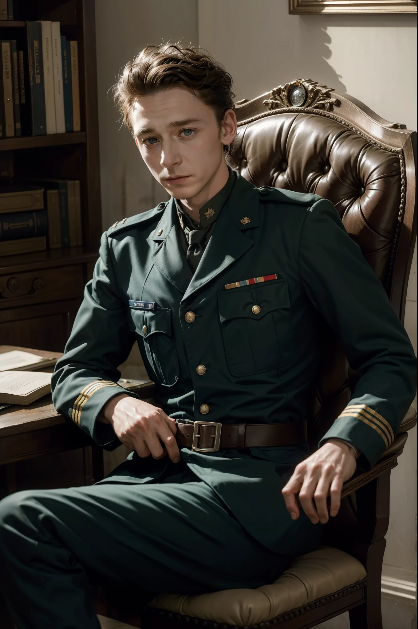 arafed photograph of a man in uniform sitting on a chair, author unknown, young tom hiddleston, tolkien, jrr tolkien, in military uniform, inspired by William Crosbie, in a soldier uniform, portrait of a soldier, taken on a ww 1 camera, j.r.r. tolkien, by Carl Critchlow, inspired by John Nelson Battenberg