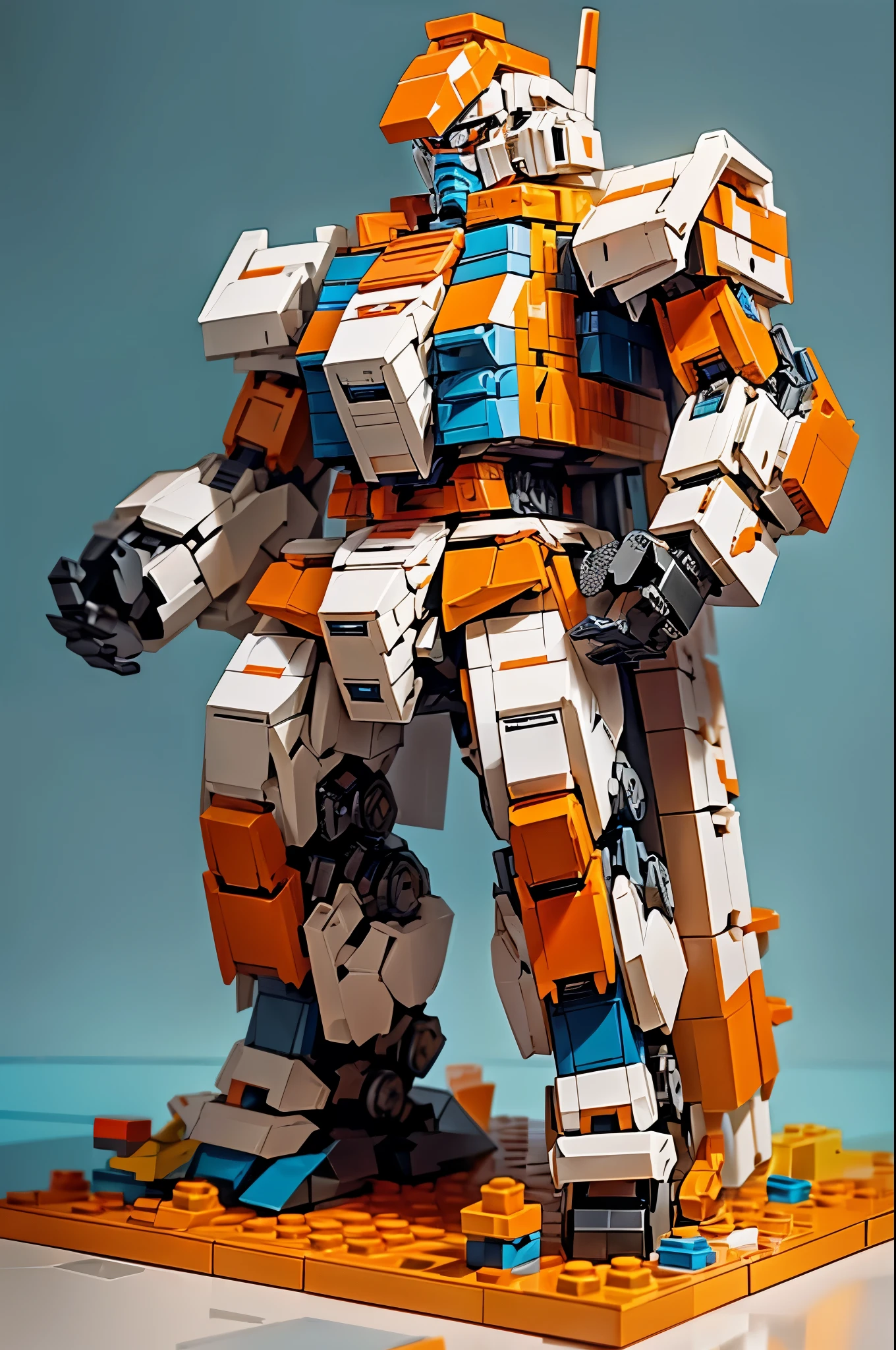 lego, legoAI, mecha, gundam, gundam made of legos, blocky, made of large blocks, large pieces, (((Orange and pale blue))), Orange and pale blue color palette, limited color palette, lights, toy scale figures, detailed pieces, plastic material, reflective plastic, blueprint, 