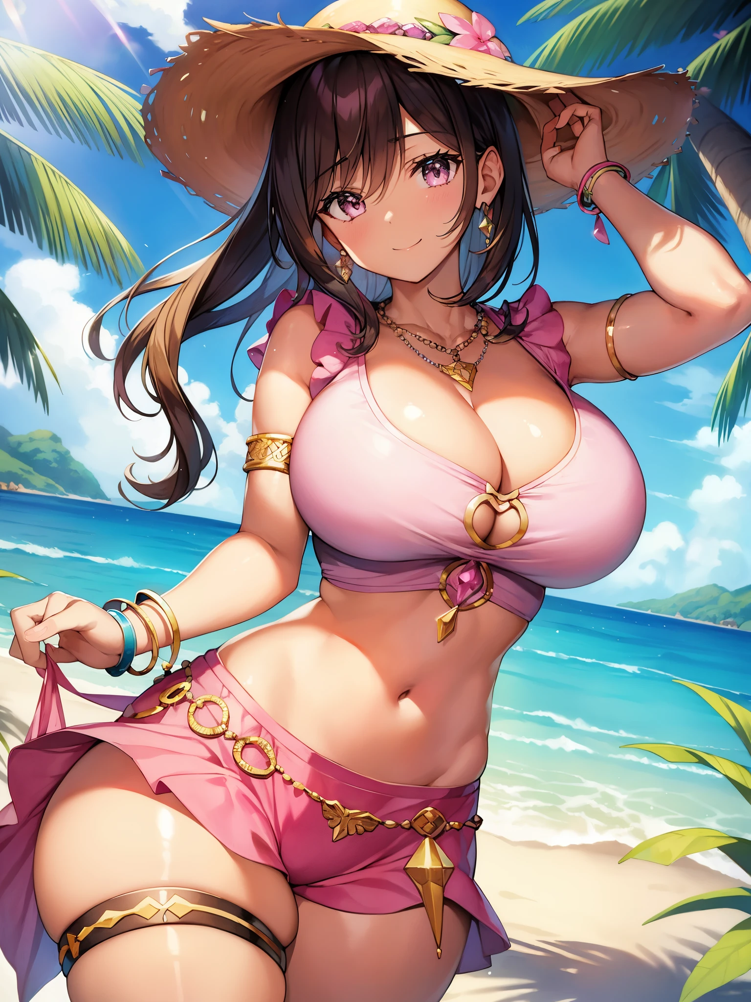 masterpiece、highest quality、pkmnolivia、brown skin、necklace、bracelet、neck ring、cleavage、pink shirt、beads、abdomen、pink shorts、thigh strap、big breasts、thick thighs、leaning forward、Palm tree、look at viewer、smile