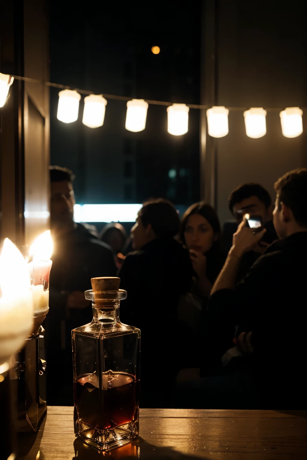 a cuo of red wine on close-up focus, very blurry background of people in a party in a small apartment, balcony, building lights in the distant, real color, sharp focus, sharp lines, sharp borders, photorealistic, very low lights, real colors, hyperalistic, cool-toned color grading, real colors, hiperrealistic, hard contrast, depth of field, dispossable cheap camera, very sharp lines, very sharp borders