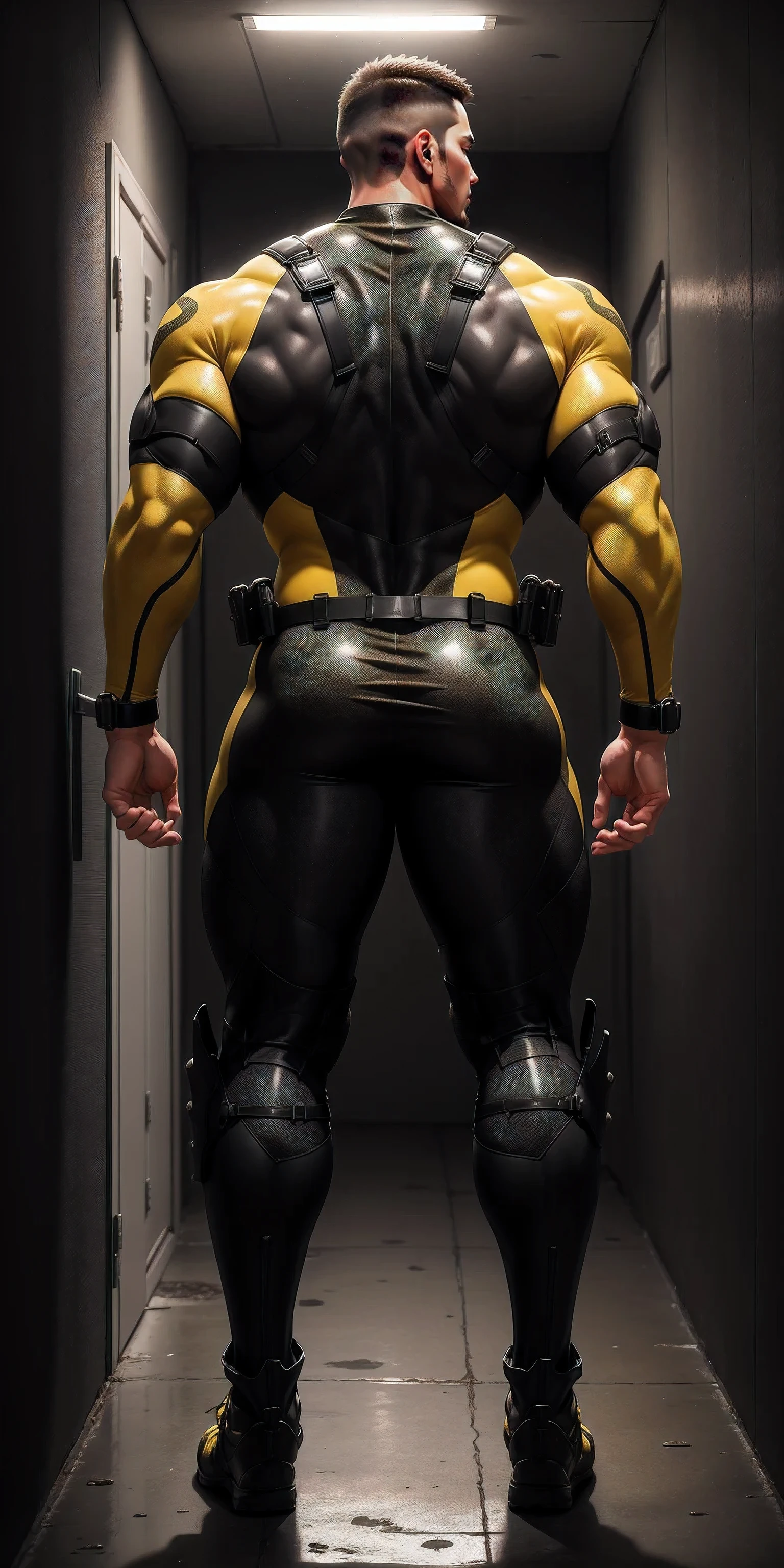 特别High背影, huge, and muscular police officer.,Yellow and gray khaki camouflage wetsuit,he faces the wall,Hold the wall with both hands,Straighten your hips,character idea(Resident Evil - chris redfield,chris redfield)senior police officer,身穿Yellow and gray khaki camouflage wetsuit,matte texture,regular symmetrical texture pattern,Standing in the dark sugar cane jungle, The body is wrapped in thick rattan,heroic male pose,高大burly,muscular!Charming leg muscles,High, burly, Heqiang, 身穿Yellow and gray khaki camouflage wetsuit, Super gain and cool, high resolution committee, Big feet in black boots,Charming strong man,The bright sunshine is shining on you,matte particles,shiny texture