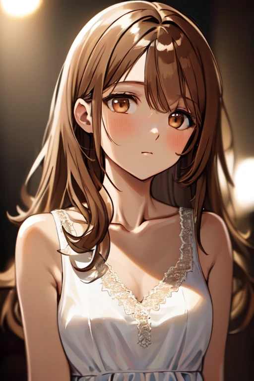 masterpiece, best quality, highres, Cinematic, 1girl, face focus, looking at viewer, (close up neck), (close up Collarbone), shoulder, Small mouth, parted lips, Slightly open mouth, Glossy mouth, blush, Glossy lips, Thin neck, brown eye's, eye's in highlight, catch light eyes, specular highlight eyes, brown long hair, Messy hair, Each hair is fine hair, ((White dress)), sleeveless, Cinematic lighting, dust, Soft Focus, bokeh, Blurred Backgrounds, depth of field,