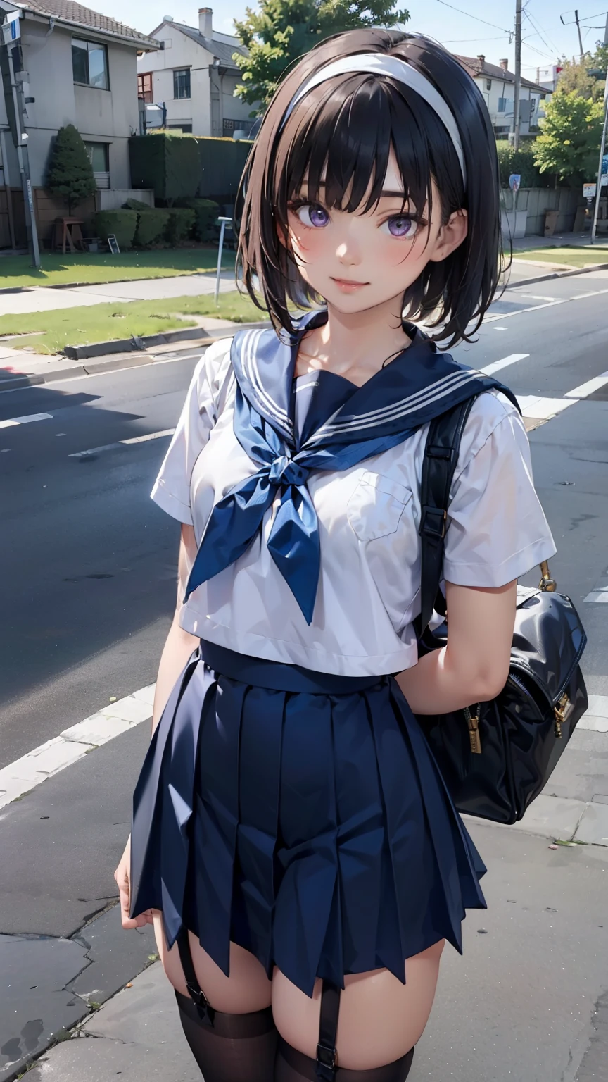 sailor suit, one woman, (a beauty woman, delicate :1.3), black hair, bob cut, Bangs Patsun, 8K, highest quality, masterpiece, Super detailed, ultra high resolution, realistic, RAW photo, absolute resolution, small face compared to body (4:1), very small face (4:1), The face is balanced, black hair, sailor suit, Dark blue skirt, realistic女子高生, ((white headband)), small breasts, tall, slanted eyes, purple eyes, (In front of the school gate), (black stockings), open your mouth, smile, position looking down from above, stand, Back Bag, 