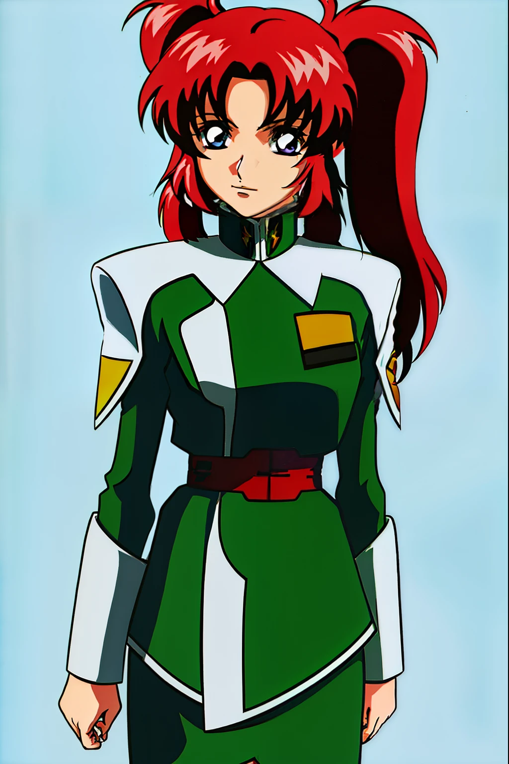 Anime girl with red hair wearing a green and white uniform, lady palutena, Boromir of 80 years\'s anime world, Gainax anime style, Makoto, Inspired by Leiko Ikemura, kakyoin, shinkai Makoto, Inspired by Rei Kamoi, with shoulder pads, rogue anime girl, fubuki