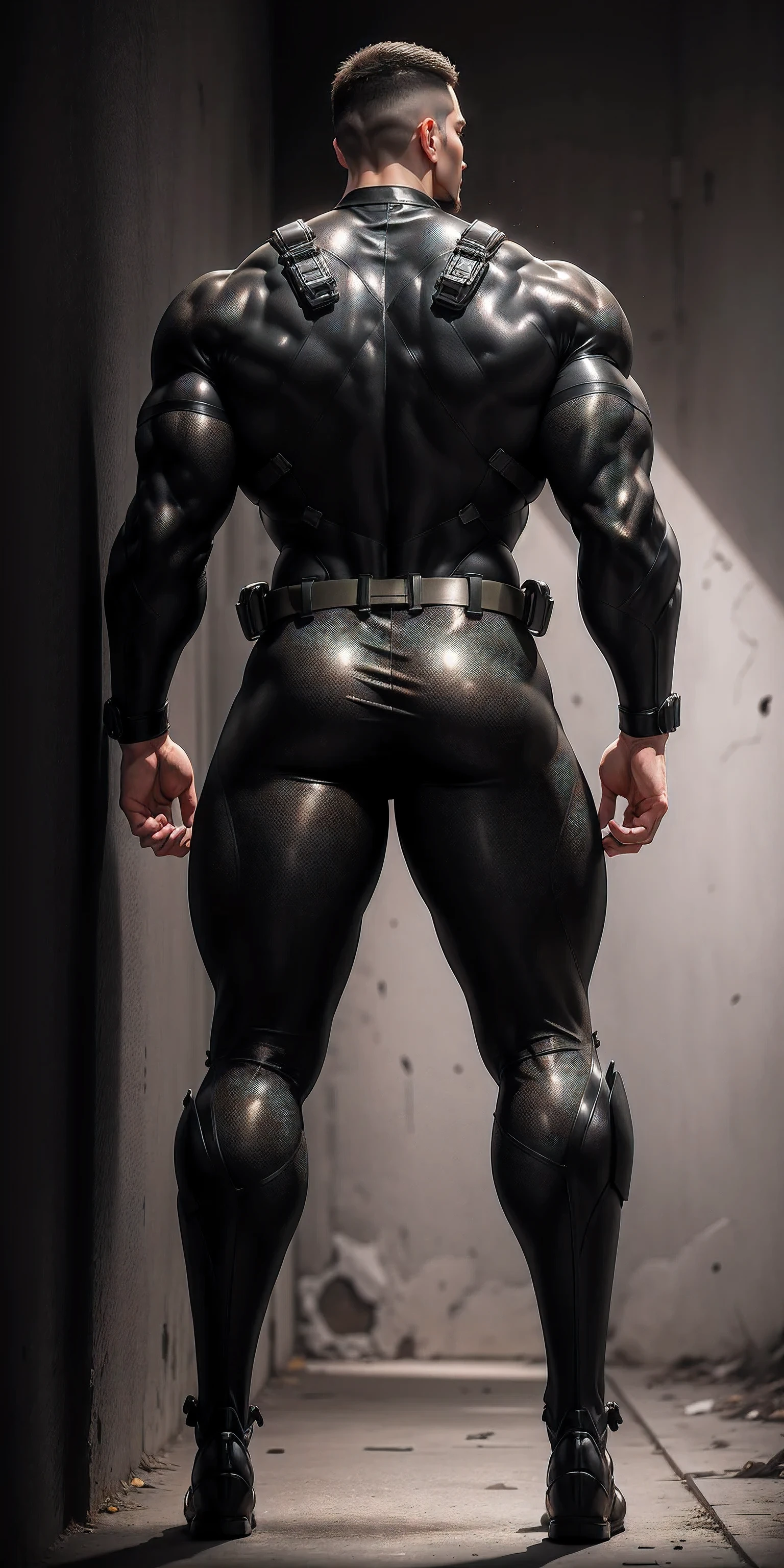 特别High背影, huge, and muscular police officer.,Gold and gray khaki camouflage wetsuit,he faces the wall,Hold the wall with both hands,Straighten your hips,character idea(Resident Evil - chris redfield,chris redfield)senior police officer,身穿Gold and gray khaki camouflage wetsuit,matte texture,regular symmetrical texture pattern,Standing in the dark sugar cane jungle, The body is wrapped in thick rattan,heroic male pose,高大burly,muscular!Charming leg muscles,High, burly, Heqiang, 身穿Gold and gray khaki camouflage wetsuit, Super gain and cool, high resolution committee, Big feet in black boots,Charming strong man,The bright sunshine is shining on you,matte particles,shiny texture