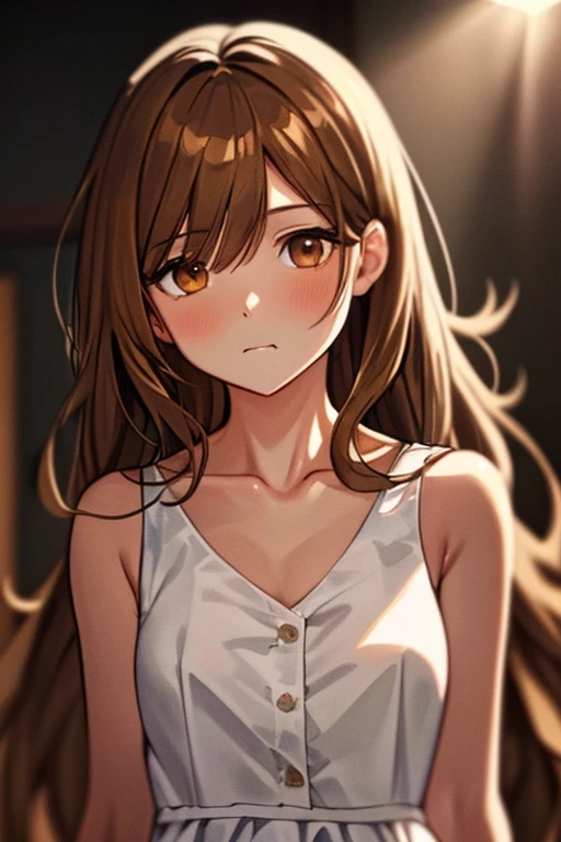 masterpiece, best quality, highres, Cinematic, 1girl, face focus, looking at viewer, (close up neck), (close up Collarbone), shoulder, Small mouth, parted lips, Slightly open mouth, Glossy mouth, blush, Glossy lips, Thin neck, brown eye's, eye's in highlight, catch light eyes, specular highlight eyes, brown long hair, Messy hair, Each hair is fine hair, ((White dress)), sleeveless, Cinematic lighting, dust, Soft Focus, bokeh, Blurred Backgrounds, depth of field,