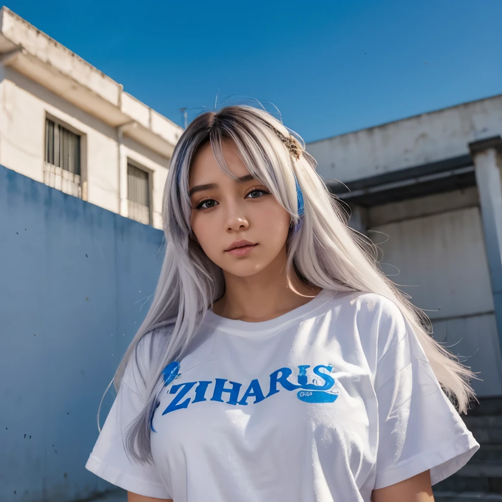 Una mujer anime con cabello de color blanco y ojos de color azules como el cielo y piel blanca como la nieve y bestia ropa de escuela y estava en la azotea de su escuela en la noche hermosa