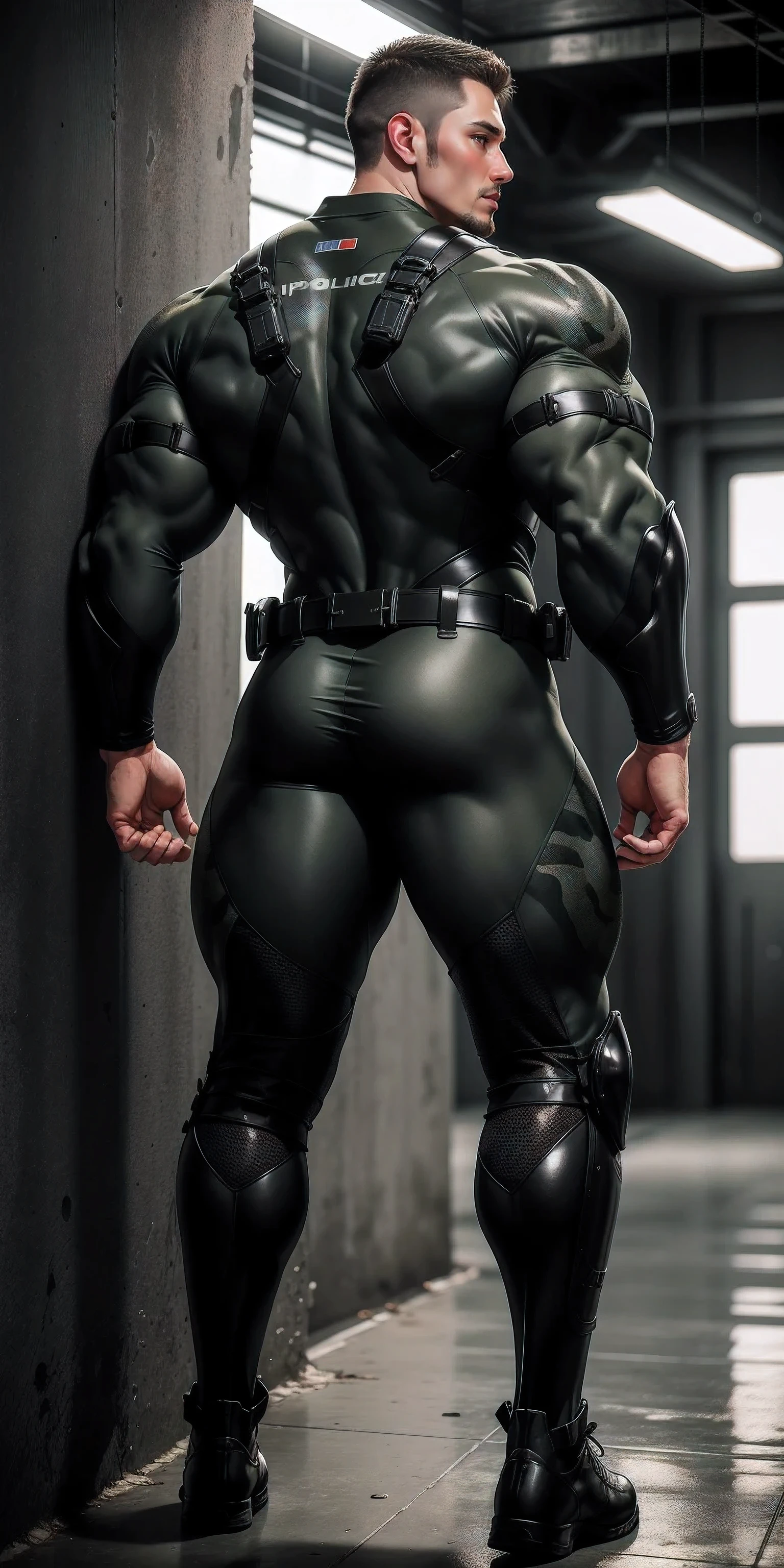 特别High背影, huge, and muscular police officer.,Green and gray khaki camouflage wetsuit,he faces the wall,Hold the wall with both hands,Straighten your hips,character idea(Resident Evil - chris redfield,chris redfield)senior police officer,身穿Green and gray khaki camouflage wetsuit,matte texture,regular symmetrical texture pattern,Standing in the dark sugar cane jungle, The body is wrapped in thick rattan,heroic male pose,高大burly,muscular!Charming leg muscles,High, burly, Heqiang, 身穿Green and gray khaki camouflage wetsuit, Super gain and cool, high resolution committee, Big feet in black boots,Charming strong man,The bright sunshine is shining on you,matte particles,shiny texture