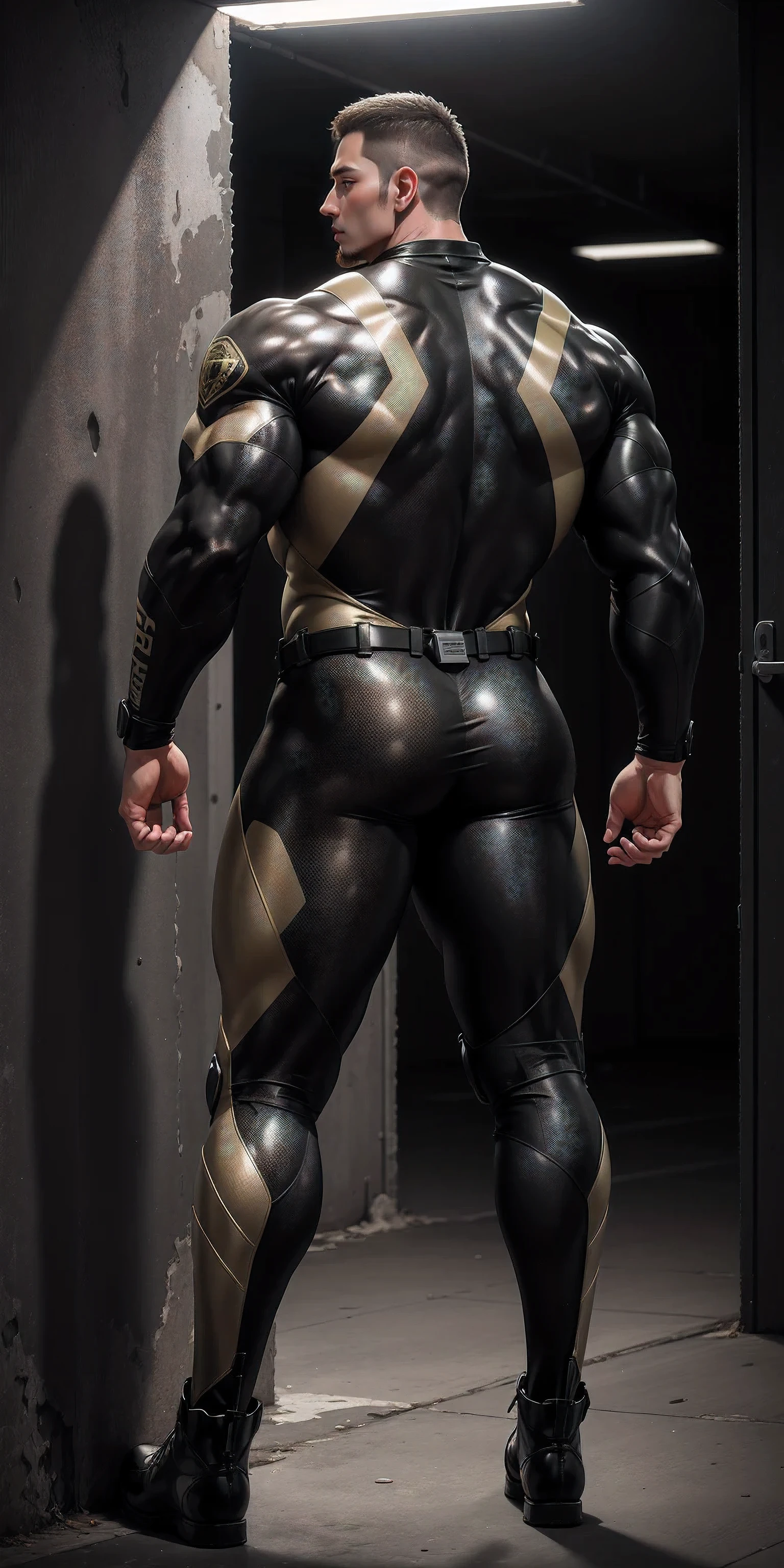 特别High背影, huge, and muscular police officer.，Gold and gray khaki camouflage wetsuit，he faces the wall，Hold the wall with both hands，Straighten your hips，character idea（Resident Evil - chris redfield，chris redfield）senior police officer，身穿Gold and gray khaki camouflage wetsuit，matte texture，regular symmetrical texture pattern，Standing in the dark sugar cane jungle, The body is wrapped in thick rattan，heroic male pose，高大burly，muscular！Charming leg muscles，High, burly, Heqiang， 身穿Gold and gray khaki camouflage wetsuit， Super gain and cool， high resolution committee， Big feet in black boots，Charming strong man，The bright sunshine is shining on you，matte particles，shiny texture