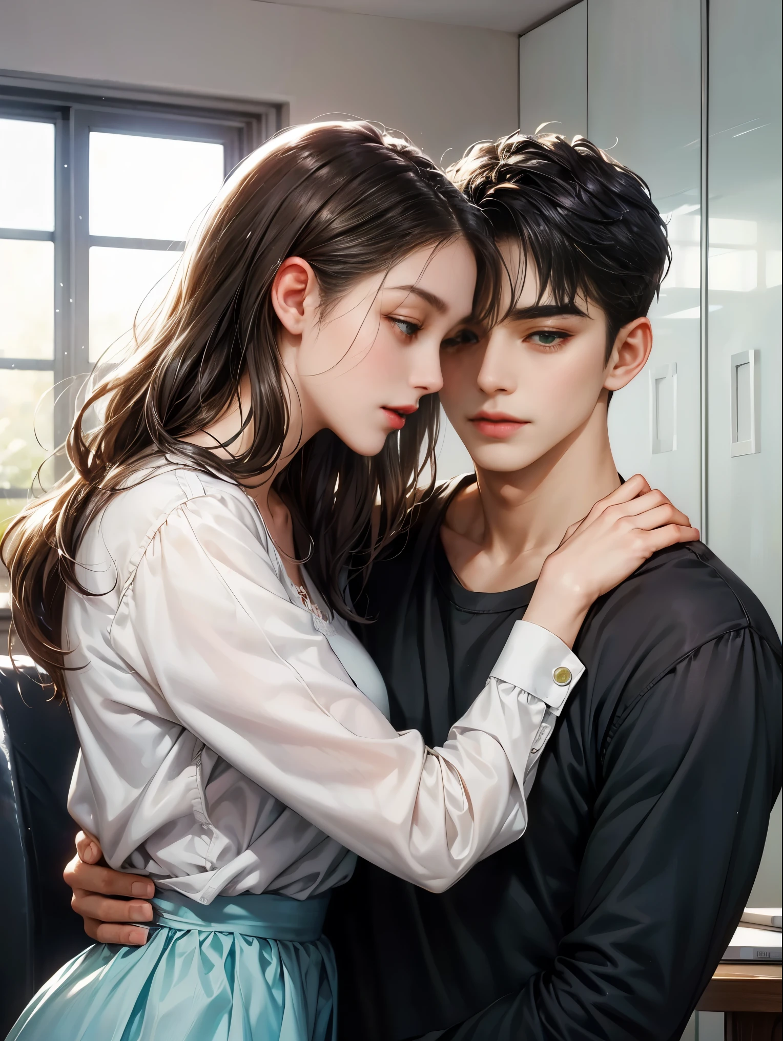 Cute girl with long straigh hair, cute boy with glass . Boy hugging girl from back