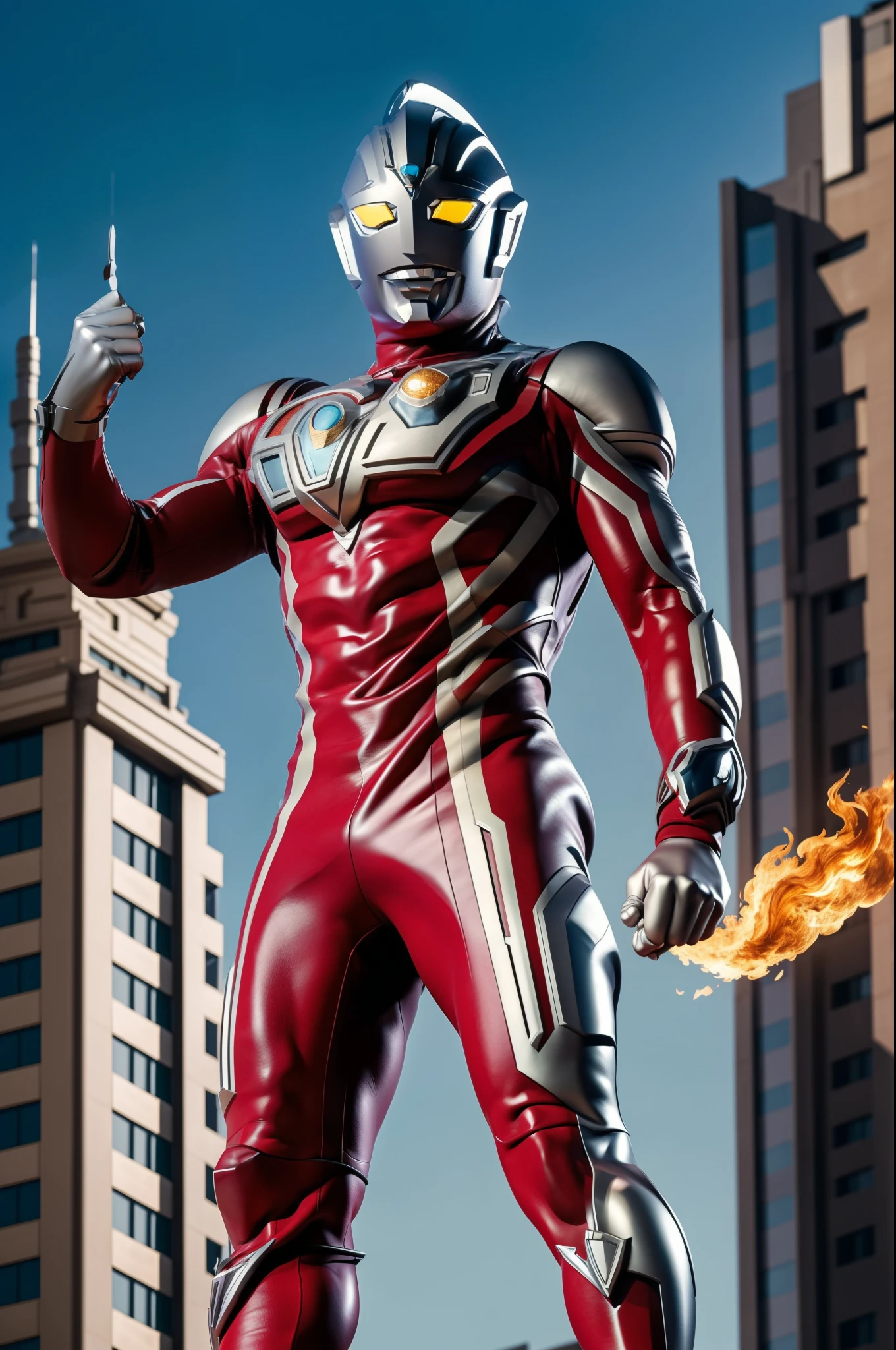 (masterpiece, best quality), 1giant man, full body, from below, ultraman, fire effect, shiniy skin, (buring urban city), fighting pose, dynamic angle, dynamic effect 