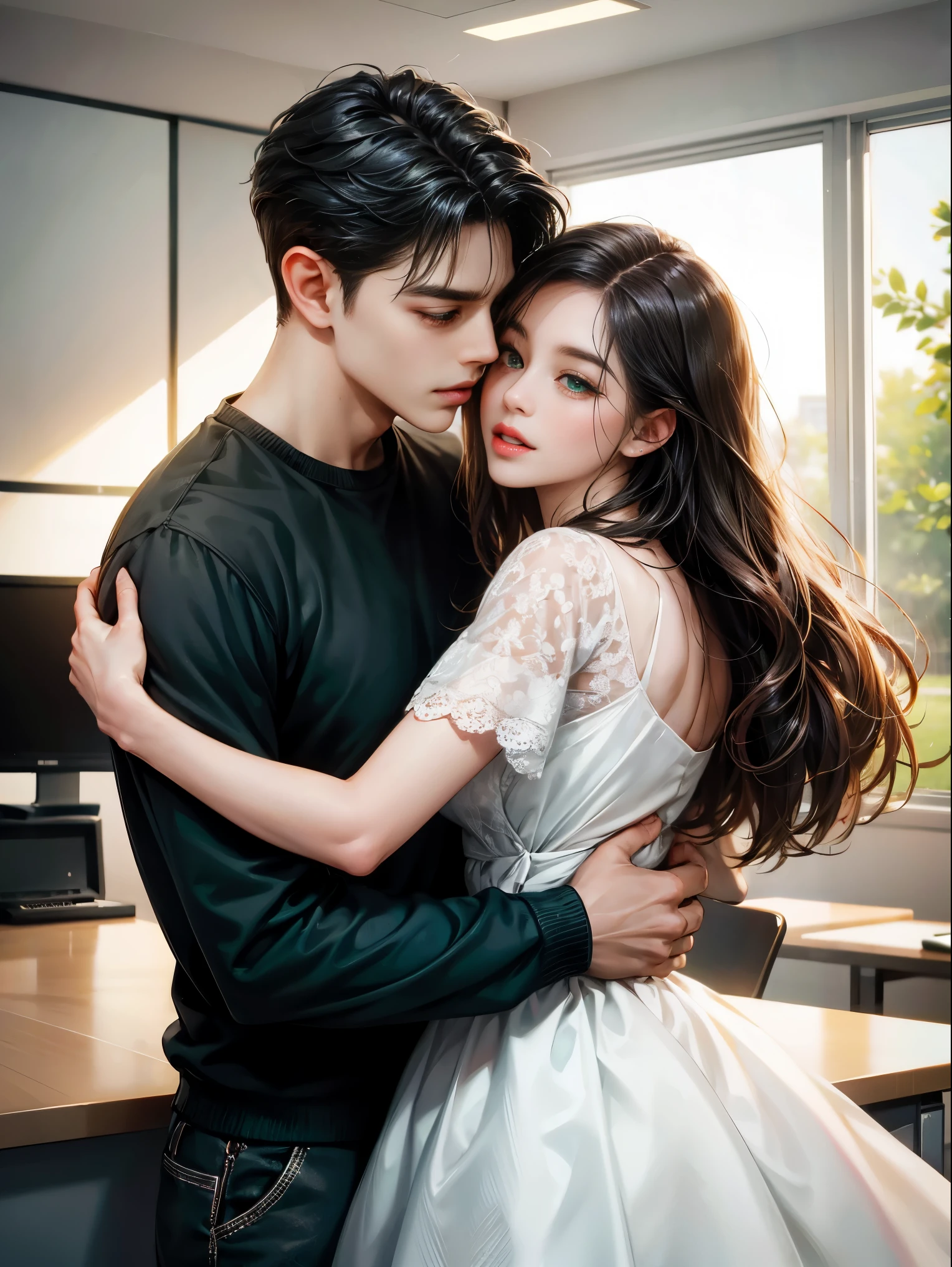 Couple, 1 girl 1 boy, same hair, wavy hair, no bangs, grey eyes. White dress. Short black hair, wavy and (green eyes) , black t shirt, height different, detailed eyes, face, hand. They look at the viewer. They hug. Kiss. They are in the office