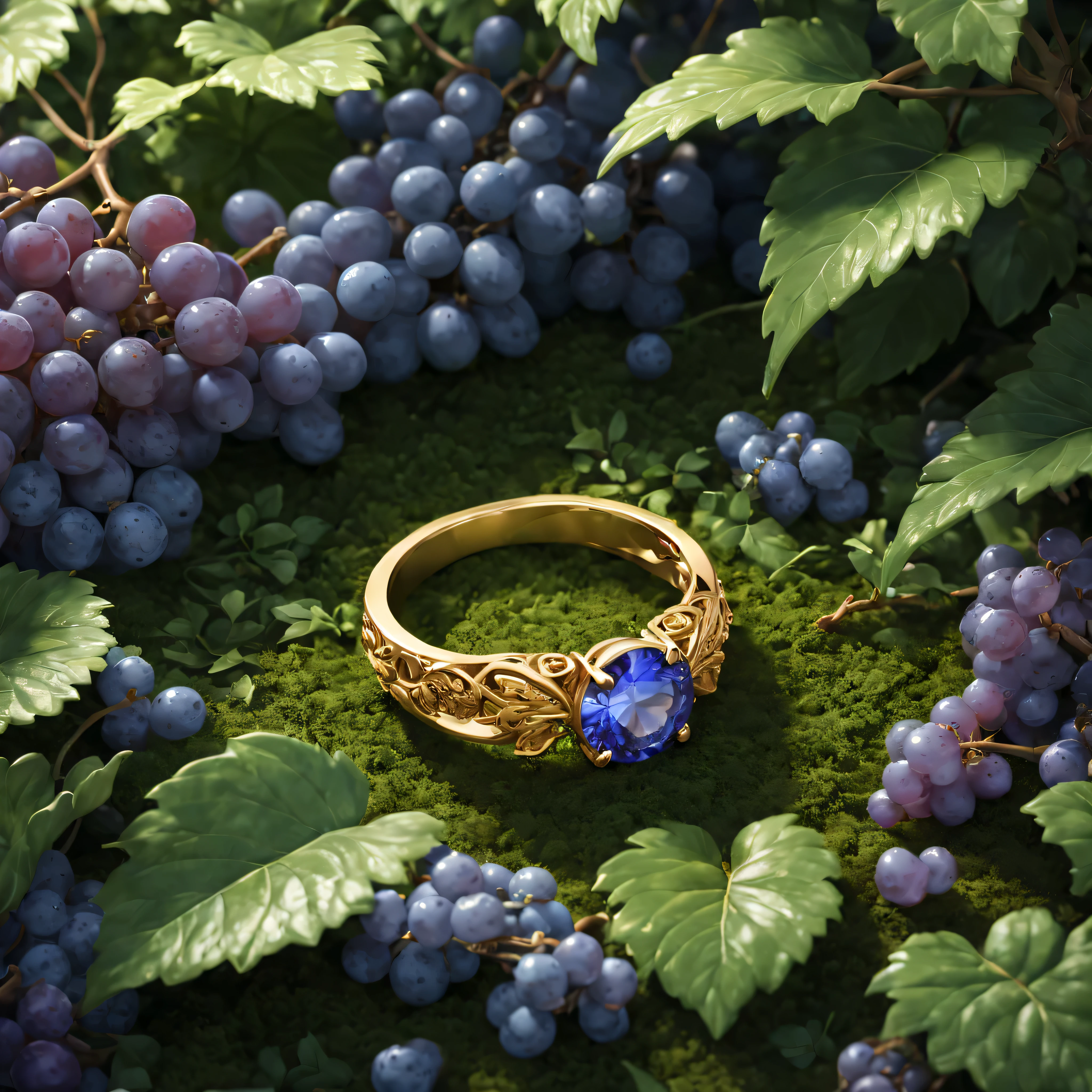 Product picture of the ring,Gold ring with blue-violet stones,masterpiece,(Highly detailed CG Unity 8k wallpaper),(Best quality),(Best Illustration),(Best shadow),Background - forest theme with natural elements.,blooms,warm color palette,surrounded by Изысканные leaves and branches,Sun rays,(elements of nature),(jungle theme),(leaves),Grape trees,butterflies,(Изысканные leaves),(particle effect),isometric 3D,rendering by octane number, ray tracing,ultra - detailed