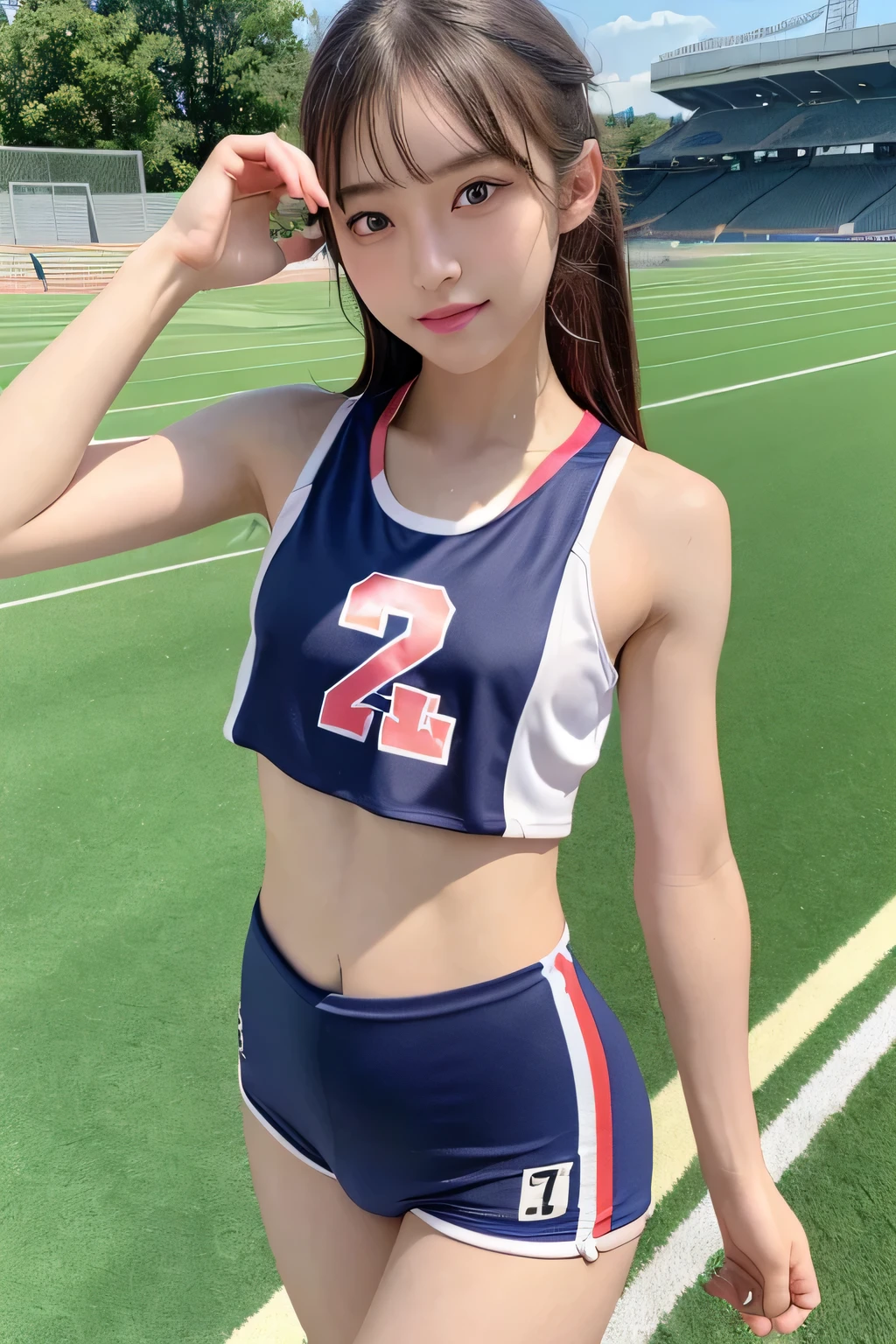 pieces fly、masterpiece、highest quality、Super detailed、High resolution、High resolution、8K portrait、Unity 8k壁紙のHigh resolutionCG、unity 8k wallpaper、cute:1.5、:1.5、Highly detailed CG unity 8k wallpaper、realistic、real person、cute、 portrait photography、shiny skin、High resolution、(20-year-old:1.2)、(1 girl)、beautiful clear eyes、very detailed explanation、delicate face、nice lips、slender body、thin waist、thin legs、(athletics stadium:1.3)、(small breasts:1.4)、(Colorful sleeveless track and field uniform:1.4)、(nipples are visible:1.2)、(smile)、(abs:1.4)、(take a pose:1.2)、(long legs:1.3)