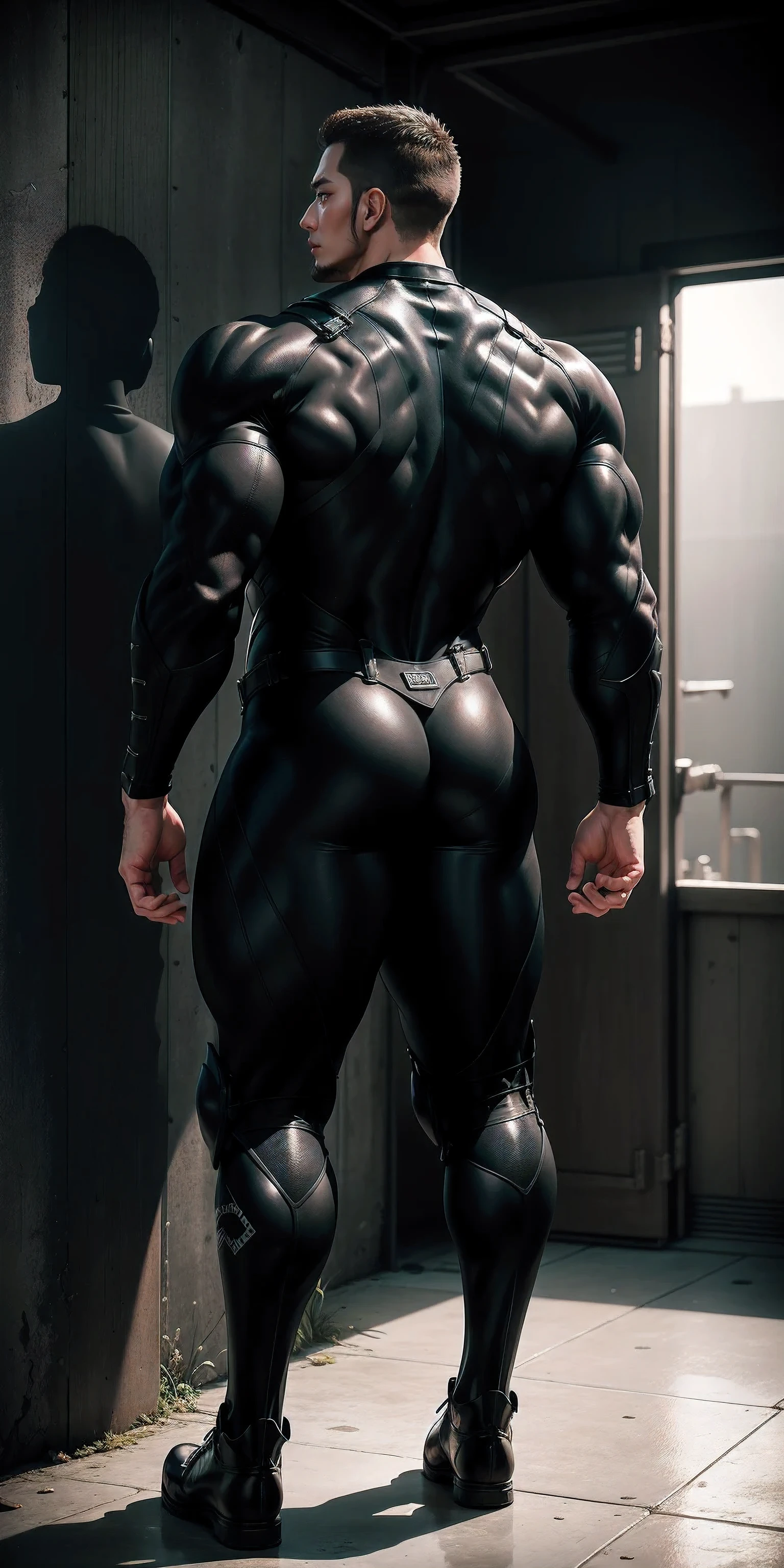 特别High背影, huge, and muscular police officer.，Brown wetsuit，he faces the wall，Hold the wall with both hands，Straighten your hips，character idea（Resident Evil - chris redfield，chris redfield）senior police officer，身穿Brown wetsuit，matte texture，regular symmetrical texture pattern，Standing in the dark sugar cane jungle, The body is wrapped in thick rattan，heroic male pose，高大burly，muscular！Charming leg muscles，High, burly, Heqiang， 身穿Brown wetsuit， Super gain and cool， high resolution committee， Big feet in black boots，Charming strong man，The bright sunshine is shining on you，matte particles，shiny texture