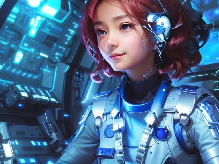 Arafe woman in a futuristic suit sitting in front of a computer, portrait anime space cadet girl, Inspired by Ren Mei, portrait armored astronaut girl, artwork in the style of Gweiz, Girl wearing mechanical cyber armor, dreamy cyberpunk girl, digital cyberpunk anime art, perfect android girl, cute cyborg girl, trending on cgstation, Gweiz