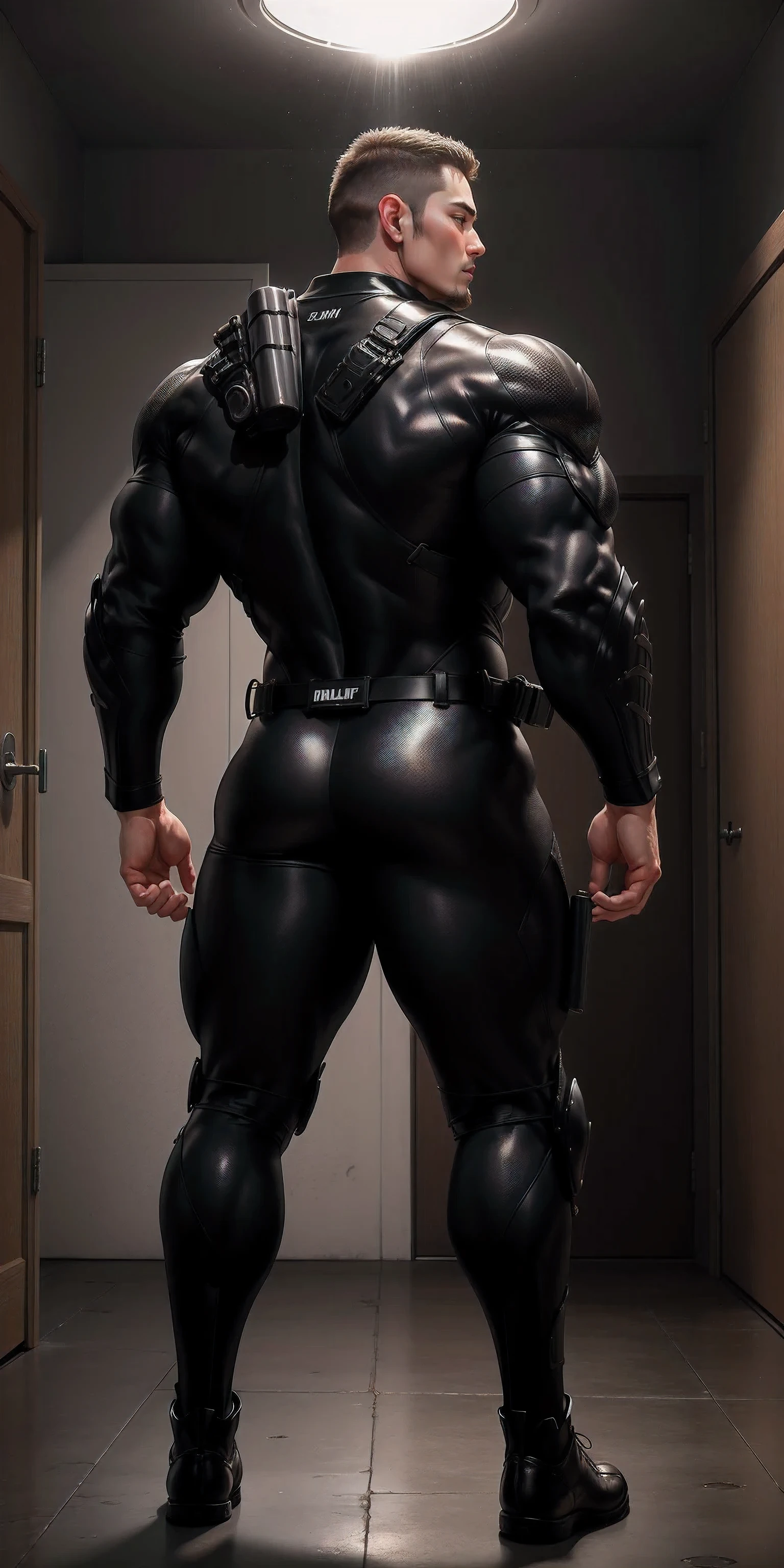 特别High背影, huge, and muscular police officer.，Brown wetsuit，he faces the wall，Hold the wall with both hands，Straighten your hips，character idea（Resident Evil - chris redfield，chris redfield）senior police officer，身穿Brown wetsuit，matte texture，regular symmetrical texture pattern，Standing in the dark sugar cane jungle, The body is wrapped in thick rattan，heroic male pose，高大burly，muscular！Charming leg muscles，High, burly, Heqiang， 身穿Brown wetsuit， Super gain and cool， high resolution committee， Big feet in brown boots，Charming strong man，The bright sunshine is shining on you，matte particles，shiny texture