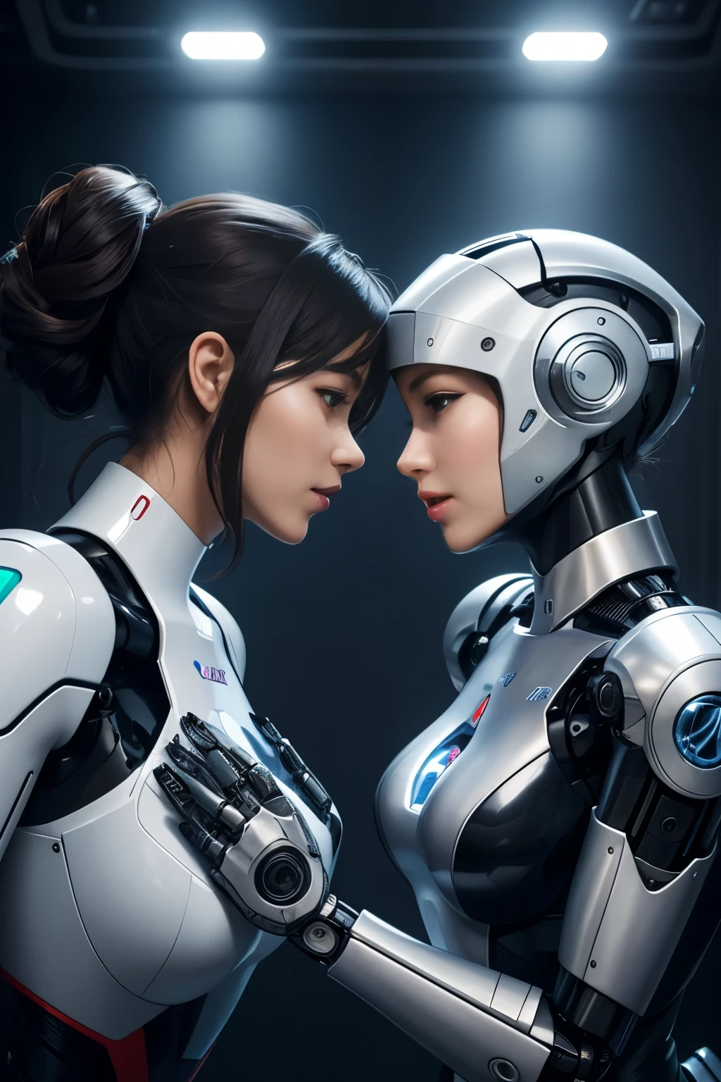 a beautiful woman and a beautiful female robot, face to face, they are caressing each other