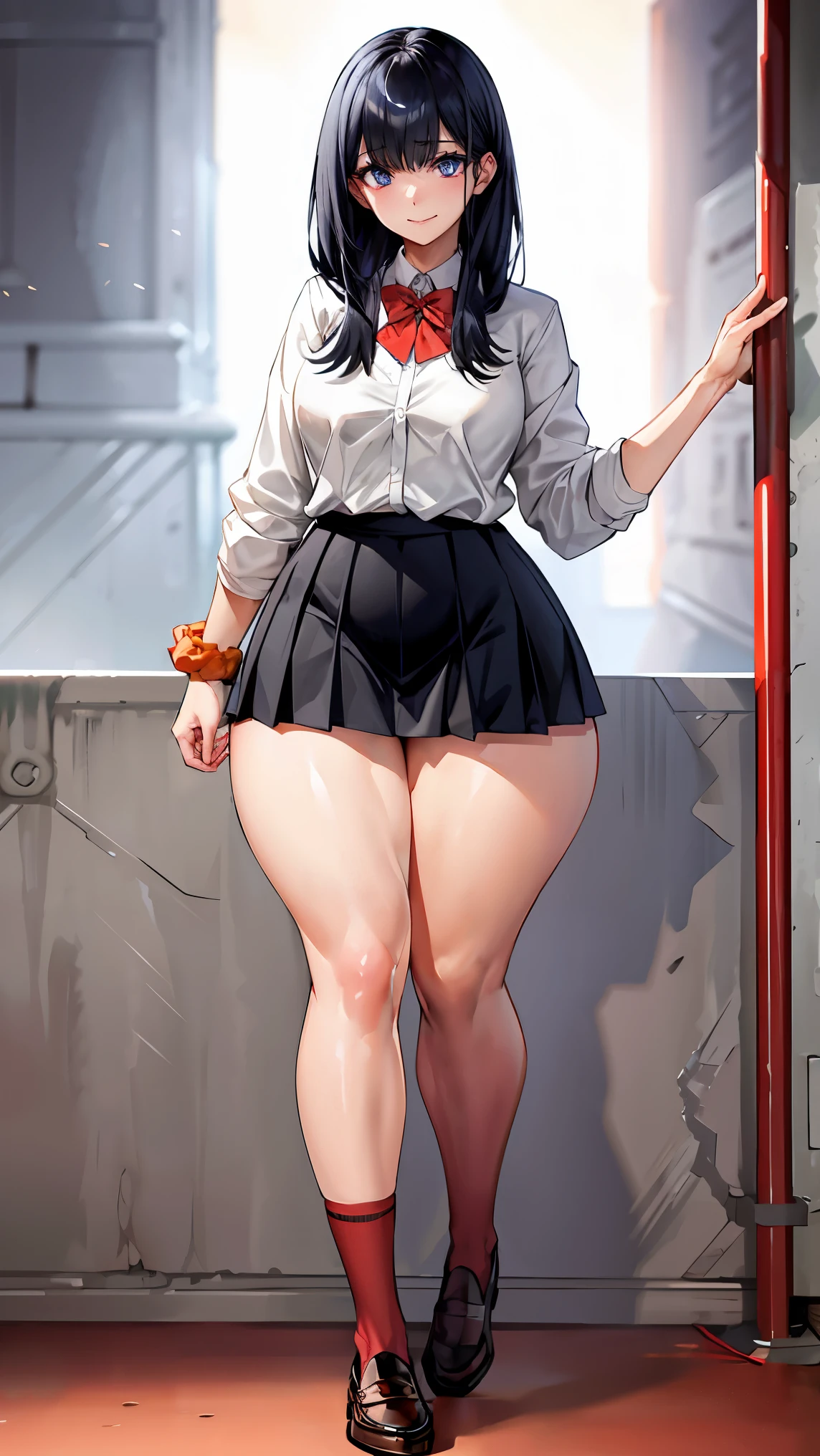 a beautiful woman,aarikka,long hair,bangs,school uniform,red bowtie,white cardigan,white shirt,long sleeves,wrist scrunchie,orange scrunchie,(black skirt),pleated skirt,socks,red socks,loafers,brown footwear, wide hips, narrow waist, thighs, voluptuous, (full body)