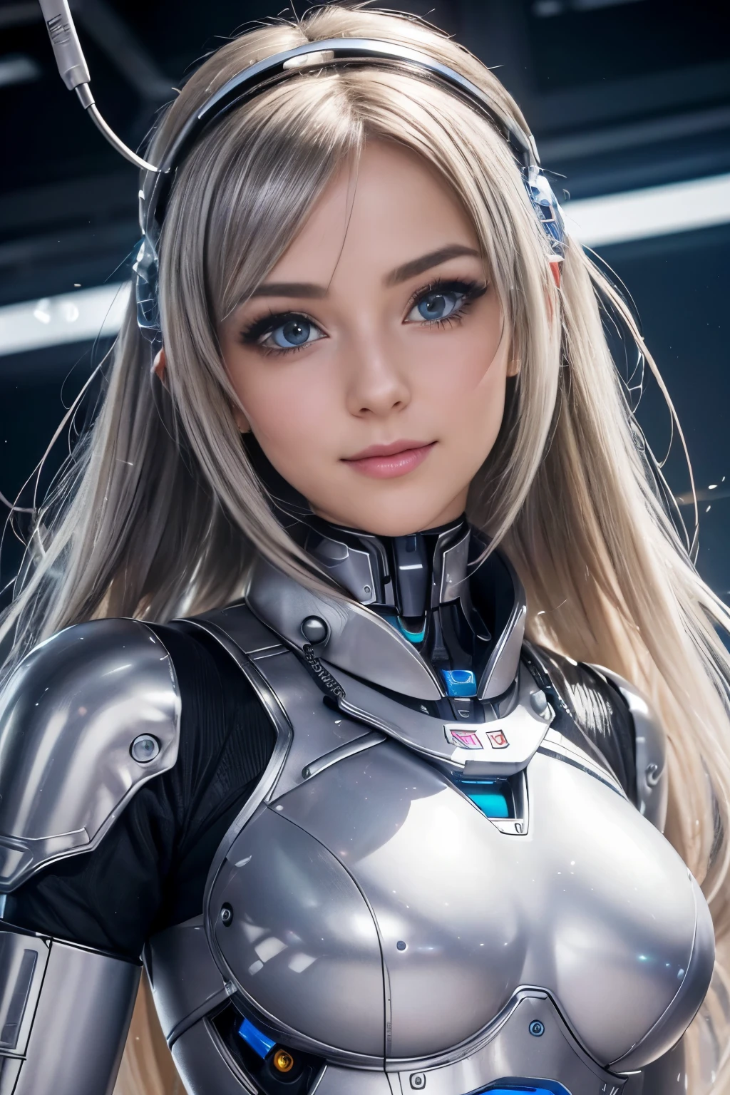 (highest quality, High resolution, masterpiece:1.2), Super detailed, realistic:1.37,(perfect anatomy),1 girl, upper body portrait,robot modification factory,lots of cables,lots of surgical instruments,many monitor screens, A cute and completely beautiful Nordic idol girl,(Modified into a very adorable robot:1.1),秘密めいたlaughter,(Eyes shine:1.4),(beautiful eyes:1.2),beautiful skin, detailed facial features, complicated hair, detailed costume, beautiful lips,Super cute and futuristic white biorobot suit, metal necklace,, seductive makeup,,silver braid hair,Moe pose、laughter, cyber lab