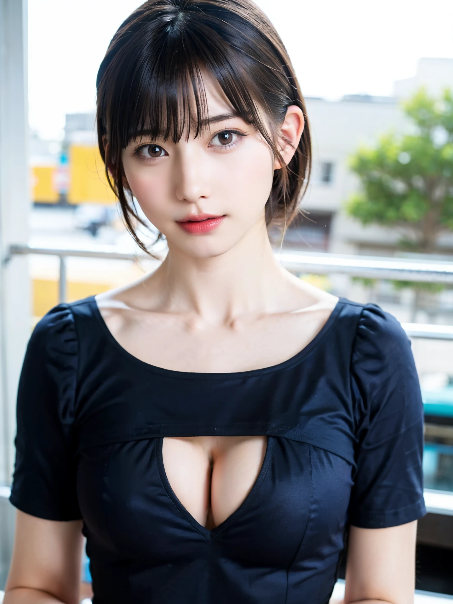 (table top, highest quality、high detail:1.4、very attractive beauty、Adds intense highlights to the eyes、look closely at the camera:1.4、Beautiful woman full of charm、ideal body proportions、perfect anatomy、brunette short bob hair、shiny hair、bangs:2、光沢のあるbangs:2、lip gloss),1 girl, Report, light brown shiny hair, scarf,realistic, looking at the viewer、Please tilt your head slightly, bright colored crystal light blue eyes, short and shiny hair、 chest中央に穴の開いた白いタートルネックの衣装,chestの真ん中に丸い穴のあるセクシーな白いタートルネック ニット セーター、 lips, lip gloss, Upper body、Big eyes、eyelash、face is a little red、embarrassing)、((italian road in winter))、((short hair with Big eyess、Give students very powerful highlights、{Huge|big|Hugeな|mega} chest:2、very bigger chest:2、look at the audience、very beautiful beauty、show me your ears、long neck、smile a little、beautiful teeth、open your mouth and smile、heart shaped eyes))、28 years old、very cute super model、portrait:2、close your face:2