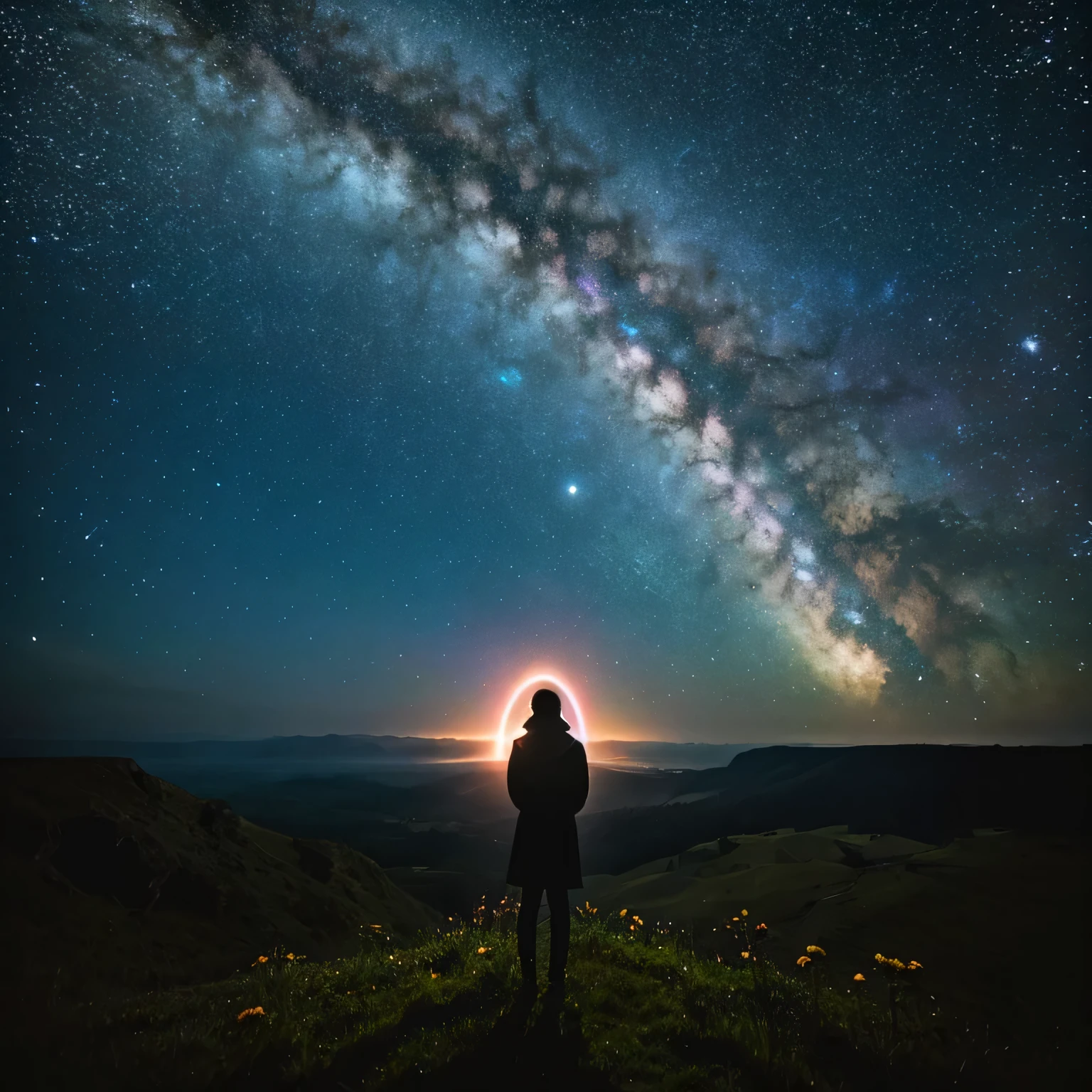 masterpiece、With background((Fantastic starry sky、universe、meteor、Black Hole、Rainbow-colored))depth((planet))、A person is standing in the distance、invisible girl