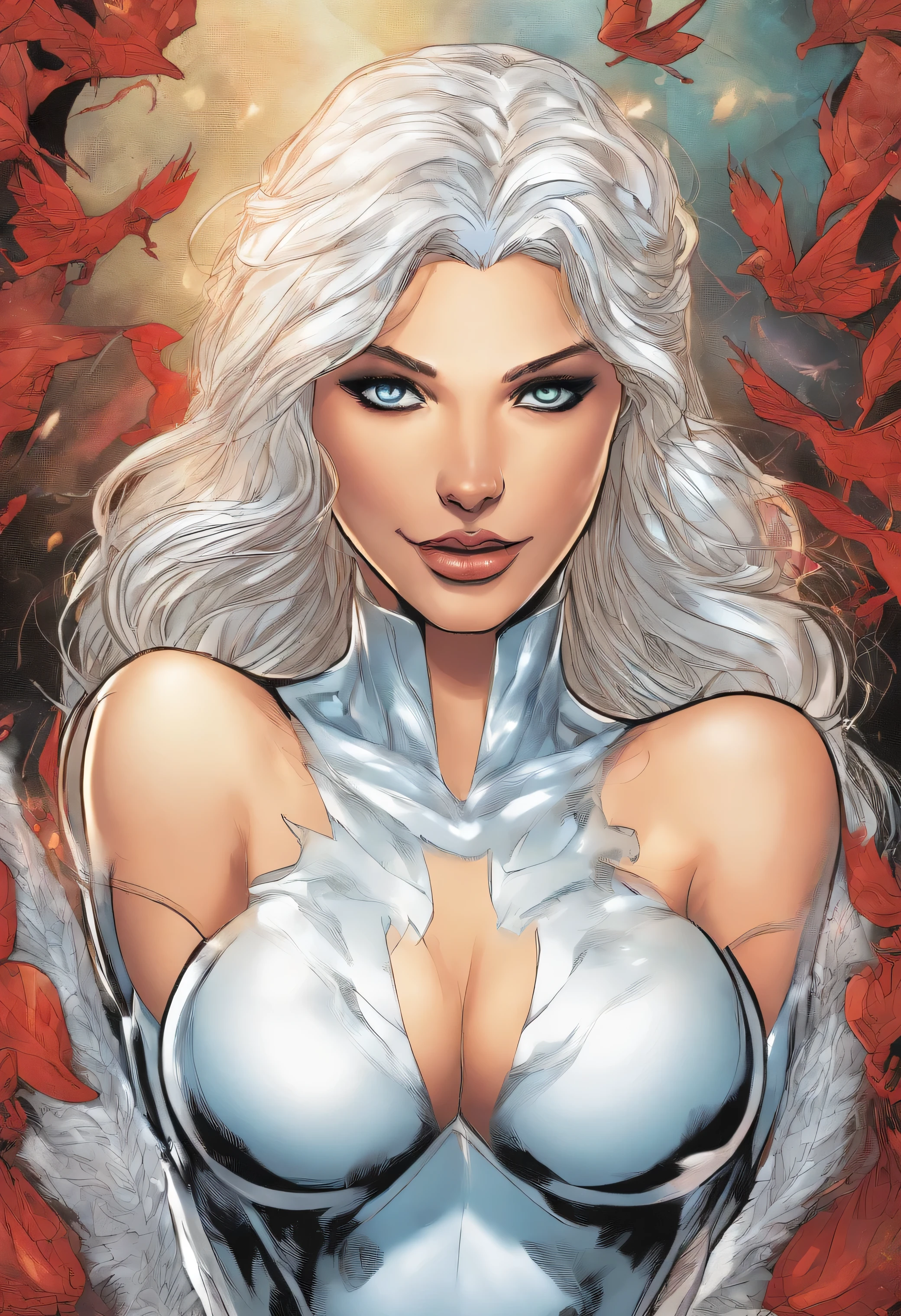 (best quality,ultra-detailed:1.2),beautiful sexy young woman naked,full kissable lips, nude, long flowing white hair,(realistic:1.37),(Marvel Comics:1.1),(DC Comics:1.1),(Phoenix Supergirl fusion), (Jean Gray Kara, Zor-El fusion), (X-MEN, Justice League fusion), big breasts, tits, nipple, vivid colors,portrait,superhero,vibrant lighting,comic book style