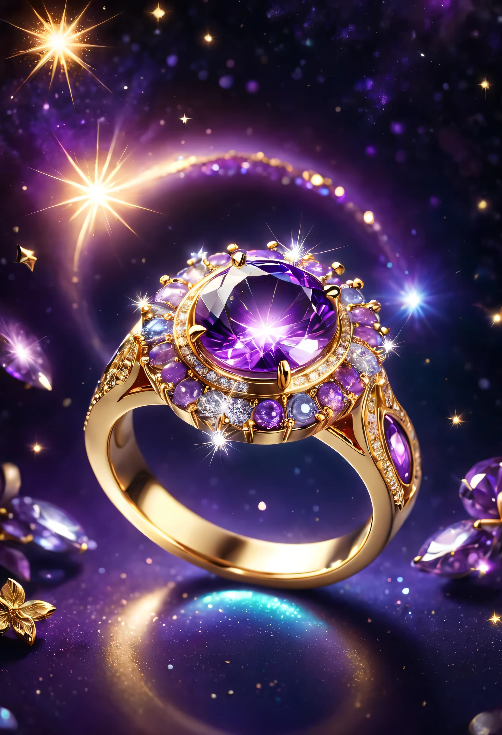 hyper HD, Super Detail, Best quality, high detail, 1080P, 16 thousand., a high resolution,Ring close up,Ring with sparkling surface, Magic ring of wishes., Magic ring with crystals, Magic diamond ring, Purple Glitter, gold and purple, the ring is lit,, Sparkling gold ring, glowing purple, Background - mysterious cosmic starry sky., Ring photography, Rings with precious stones and yellow gold,(best illustrations),(The best shadow),isometric 3D.octane number,hyperrealistic