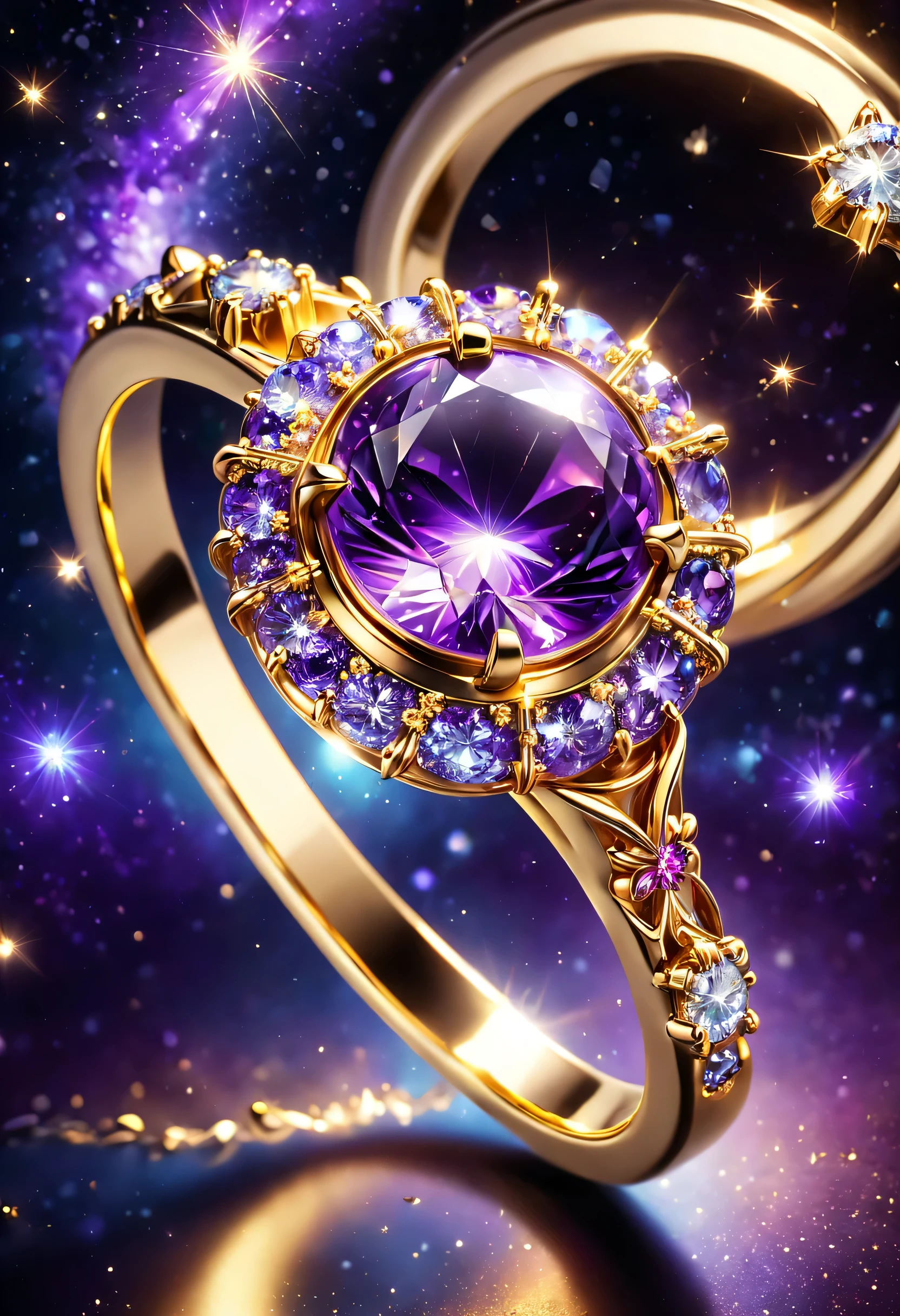 hyper HD, Super Detail, Best quality, high detail, 1080P, 16 thousand., a high resolution,Ring close up,Ring with sparkling surface, Magic ring of wishes., Magic ring with crystals, Magic diamond ring, Purple Glitter, gold and purple, the ring is lit,, Sparkling gold ring, glowing purple, Background - mysterious cosmic starry sky., Ring photography, Rings with precious stones and yellow gold,(best illustrations),(The best shadow),isometric 3D.octane number,hyperrealistic