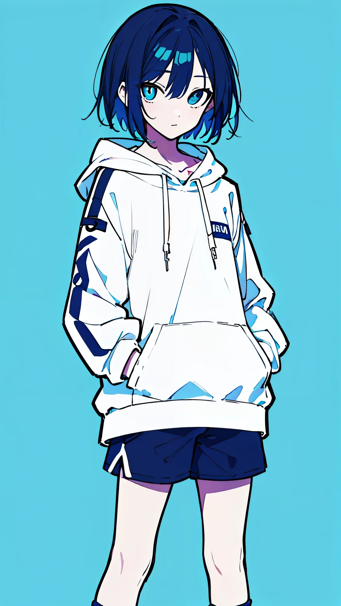 (masterpiece, highest quality:1.6), alone, thick outline, (simple background, Dark blue background, monochrome, dark blue theme:1.2), official art, Key Visual, 8K, disorganized, whole body, (unique hair, Oversized Hoodies, hot pants, arch back, short torso:1.2), belly button, thighs, cowboy shot, HDR, sharp focus, High resolution, most detailed, very detailed, Super detailed, finely, detailed eyes and face, sharp pupils, realistic student, solo, blue and white contrast, solo, hands in pockets