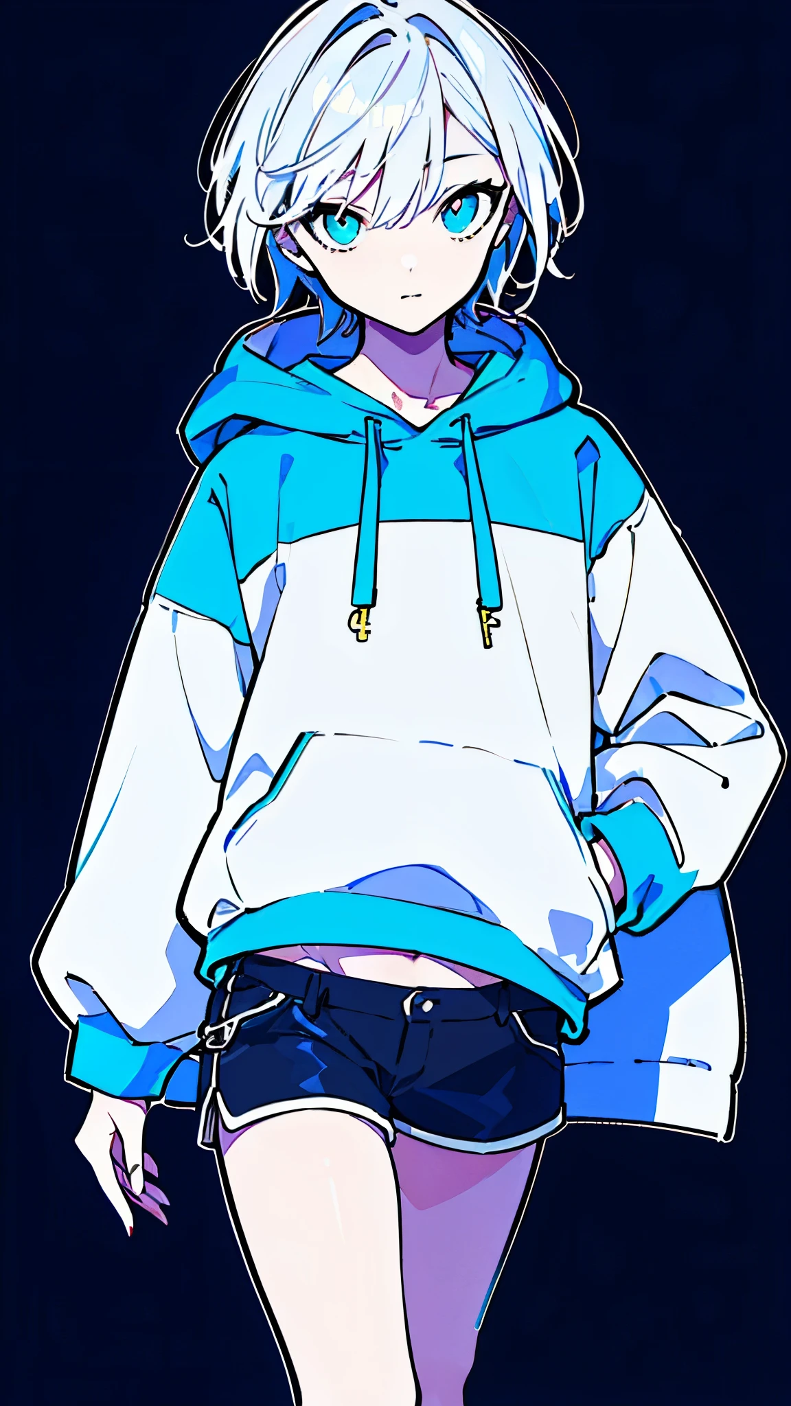 (masterpiece, highest quality:1.6), alone, thick outline, (simple background, Dark blue background, monochrome, dark blue theme:1.2), official art, Key Visual, 8K, disorganized, whole body, (unique hair, Oversized Hoodies, hot pants, arch back, short torso:1.2), belly button, thighs, cowboy shot, HDR, sharp focus, High resolution, most detailed, very detailed, Super detailed, finely, detailed eyes and face, sharp pupils, realistic student, solo, blue and white contrast, solo, hands in pockets