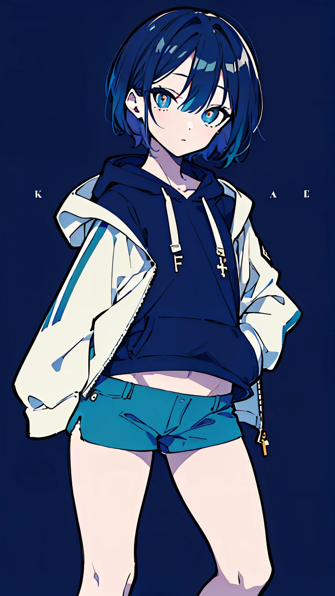 (masterpiece, highest quality:1.6), alone, thick outline, (simple background, Dark blue background, monochrome, dark blue theme:1.2), official art, Key Visual, 8K, disorganized, whole body, (unique hair, Oversized Hoodies, hot pants, arch back, short torso:1.2), belly button, thighs, cowboy shot, HDR, sharp focus, High resolution, most detailed, very detailed, Super detailed, finely, detailed eyes and face, sharp pupils, realistic student, solo, blue and white contrast, solo, hands in pockets