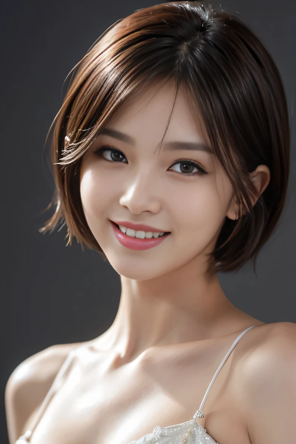 8K, table top, Raw photo, highest quality, realistic, Highly detailed CG Unity 8K wallpaper, Depth of the bounds written, cinematic light,ray tracing, (very beautiful face, beautiful lips, beautiful eyes), face with intricate details, ((highly detailed skin)) 1 girl, in the dark, deep shadow, 1 cute Japan girl, , ((looking at the viewer)),(big smile:1.3),  (blurred background),  beautiful earrings, bracelet, necklace, clear eyes, , (pale skin), (big eye ace forward, (upper body shot), , (looking at the viewer:1.3) open chest,  Huge , Plump、 focusing,,((sheer tank top、No bra))), Random hairstyles for short hair and up hair、black hair、an inviting gesture、Fuck me eyes