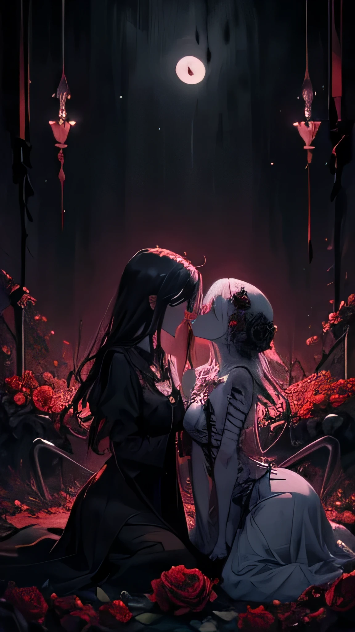 Tarotkarte, Karte der Liebenden, the lovers Tarotkarte, zwei Skelette, die einander anschauen, schlagende Herzen im Brustkorb, Blood in her eyeholes, Blumen um sie herum, Rosen, dark red Rosen, dark aesthetic, beauty of death, Liebe jenseits des Todes, dunkler himmel hintergrund, subtile Sterne, Sanftes Mondlicht