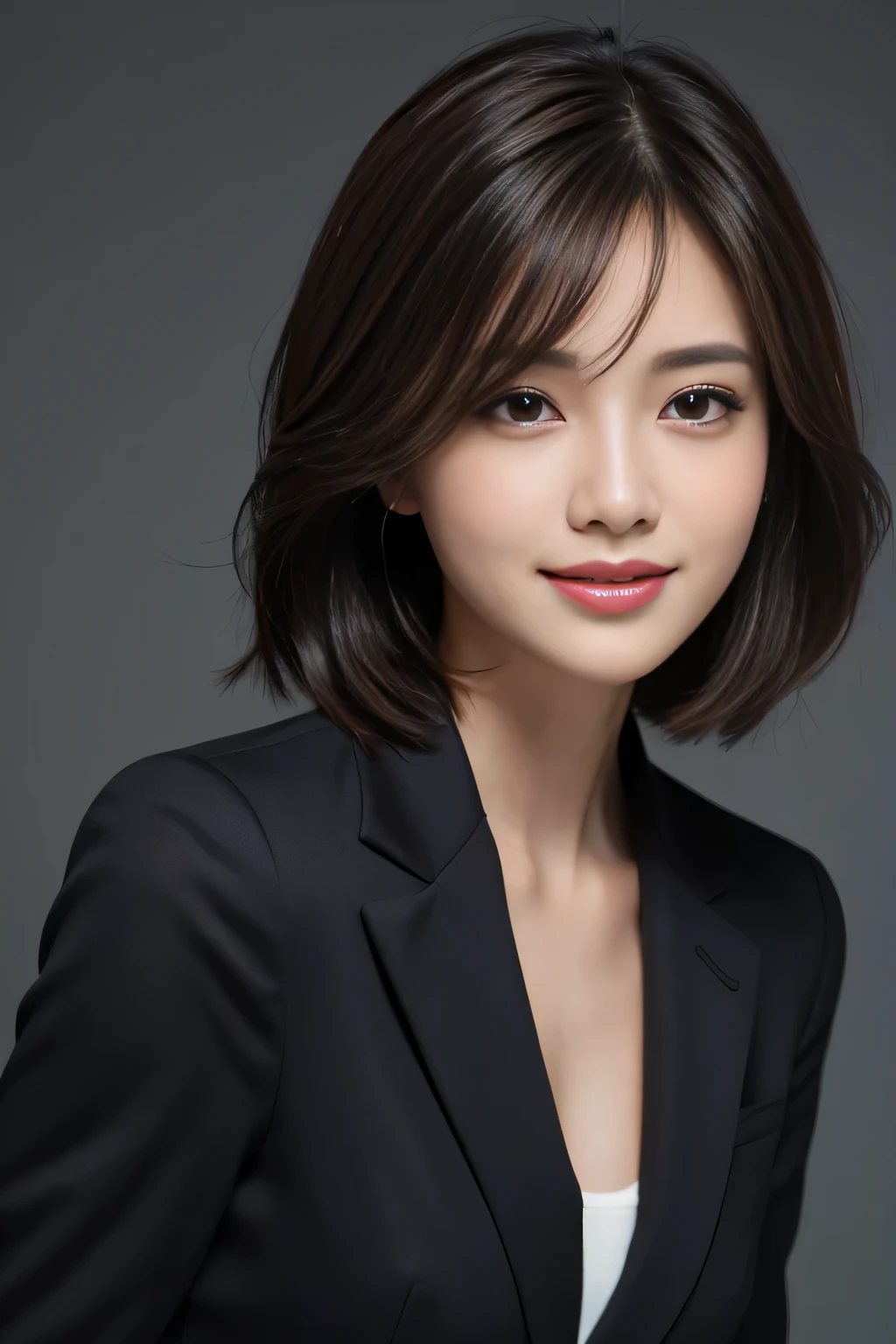 Great 품질, Great, Actually, very detailed, detailed plot, high resolution, solid background,8k wallpapers, 1 handsome woman,short hair detail, wear a dark suit, focus lock, Fully dynamic configuration, beautiful eyes, delicate hair, 细致Actually的皮肤纹理, laugh, closeup portrait, Model Body Type