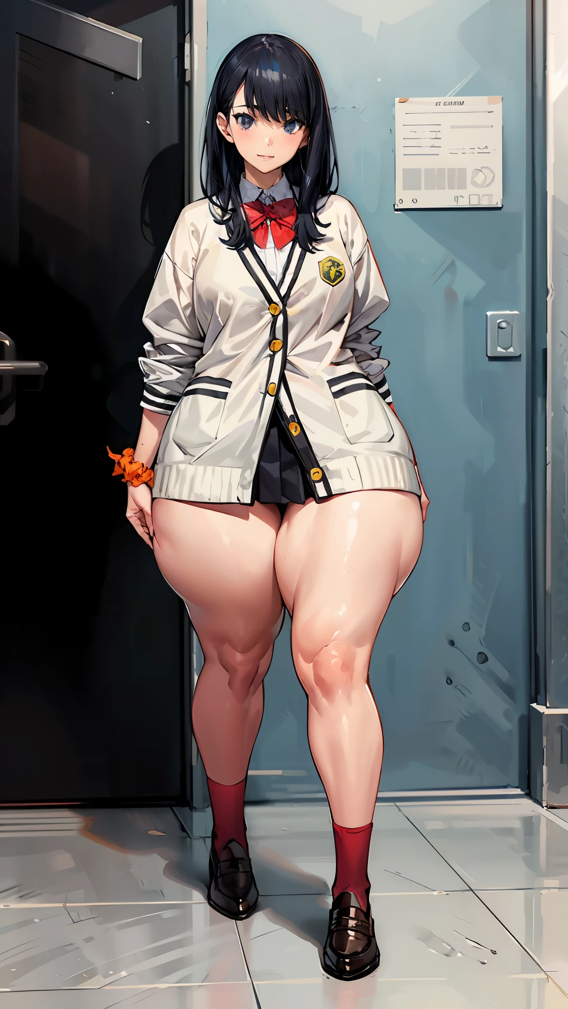 a beautiful woman,aarikka,long hair,bangs,school uniform,red bowtie,white cardigan,white shirt,long sleeves,wrist scrunchie,orange scrunchie,(black skirt),pleated skirt,socks,red socks,loafers,brown footwear, wide hips, narrow waist, thighs, voluptuous, (full body)