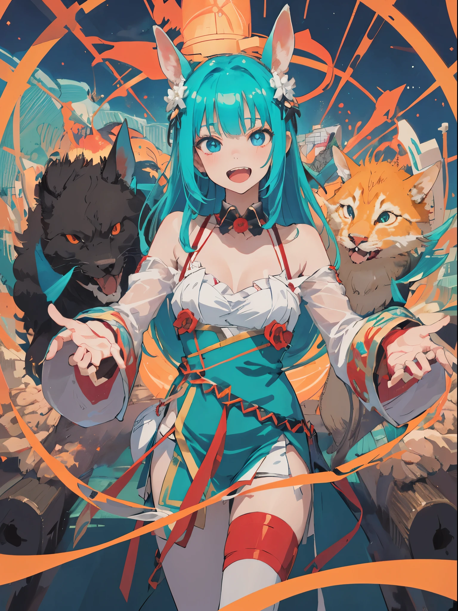 1woman, Beautiful, perfect anotomy, turquoise long hair, black scarlet eye, stature high, perfect face detail, queen wolf, god wolf, walking ice lake, fullmon, luciernagas, multiple sword around, good glowing, blushing, masterpiece, high quality, furry