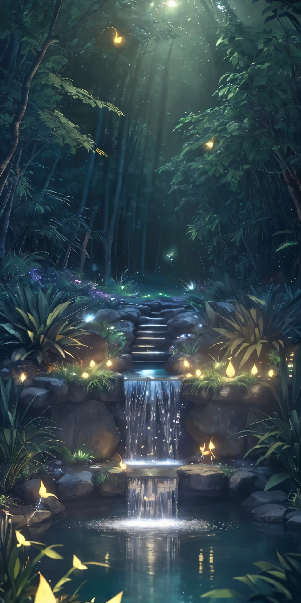 Masterpiece, best quality, (very detailed CG unity 8k wallpaper), (best quality), (best illustration), (best shadows), glow sprite, with a glowing deer, in the swimming pool Drinking water, natural elements in the forest theme. Mysterious forest, beautiful forest, nature, surrounded by flowers, delicate leaves and branches surrounded by fireflies (natural elements), (jungle theme), (leaves), (twigs), (fireflies), (particle effects) etc. 3D , Octane rendering, ray tracing, super detailed