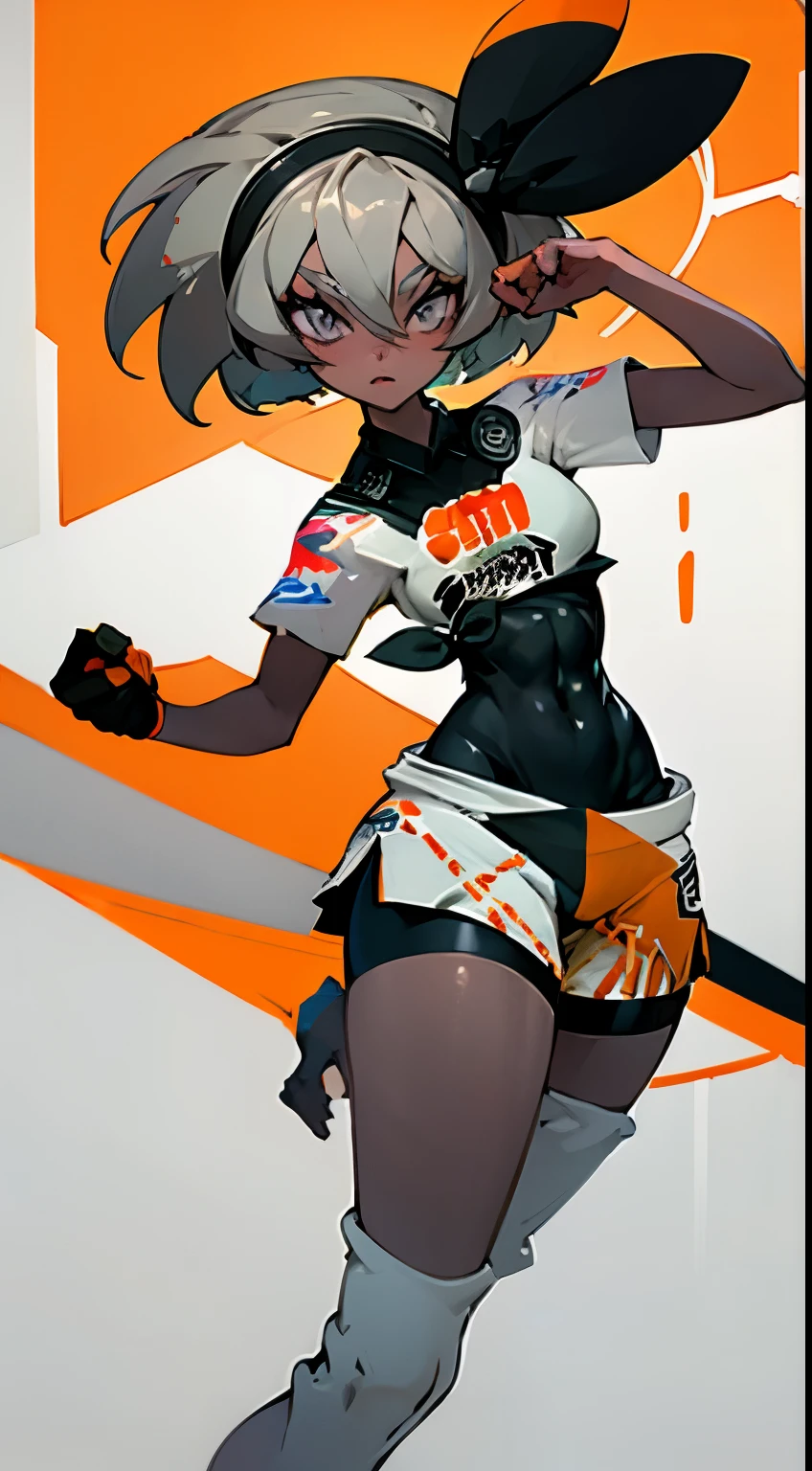 1girl,(full body:1.1), thigh highs,(masterpiece), best Quality, bea \(pokemon\), bea \(pokemon\),, 1girl, black_bodysuit, black_gloves, black_hairband, blush, bodysuit, bodysuit_under_clothes, bow_hairband, breasts, compression_sleeve, covered_navel, crop_top, dynamax_band, feet_out_of_frame, fighting_stance, gloves, grey_eyes, grey_hair, hair_between_eyes, hairband, leg_up, looking_at_viewer, medium_breasts, open_mouth, orange_gloves, partially_fingerless_gloves, print_shirt, shirt, short_hair, short_sleeves, shorts, simple_background, single_glove, solo, transparent_background, two-tone_gloves, v-shaped_eyebrows, white_shirt, white_shorts