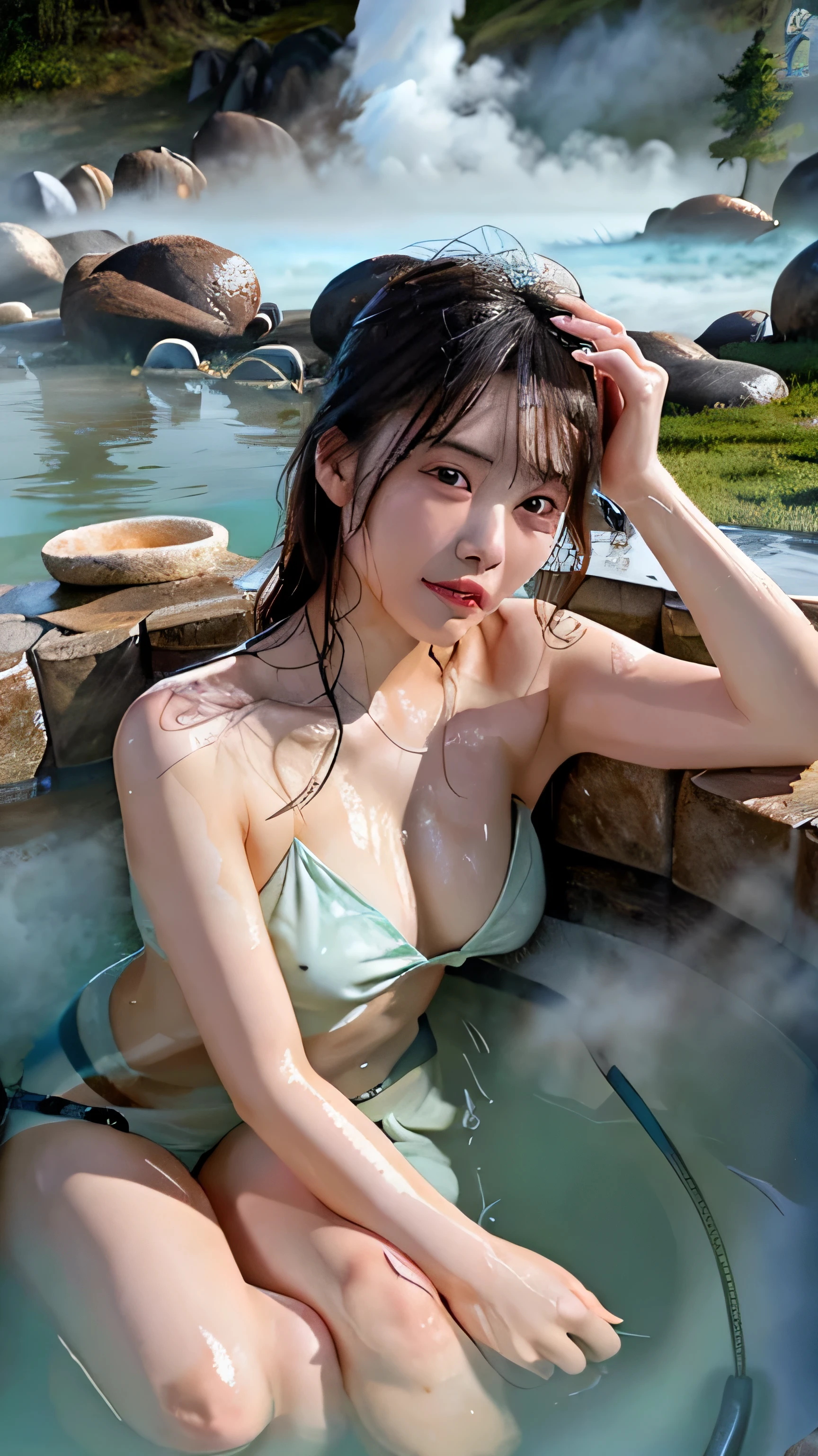 (masterpiece), (highest quality:1.4), confused, [:intricate details:0.2], 1 girl, (naked towel), (geyser, hot spring:1.2), moist skin, (fog:1.2), mist, shiny skin, Glossy skin, (partially submerged in the hot spring:1.2), (Wet hair:1.2), mist, Wet, Water Moisture,