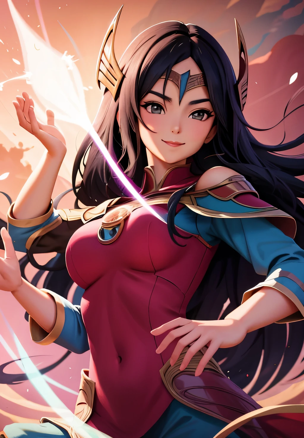 irelia, Sonrisa afectada, session,, (magical, magnificent, obra maestra:1.3)