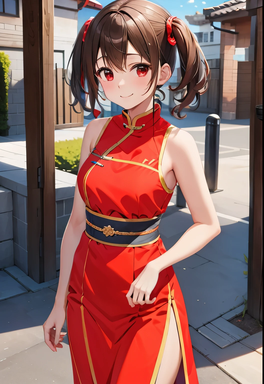 A close up of a woman in a red dress standing on a sidewalk - SeaArt AI