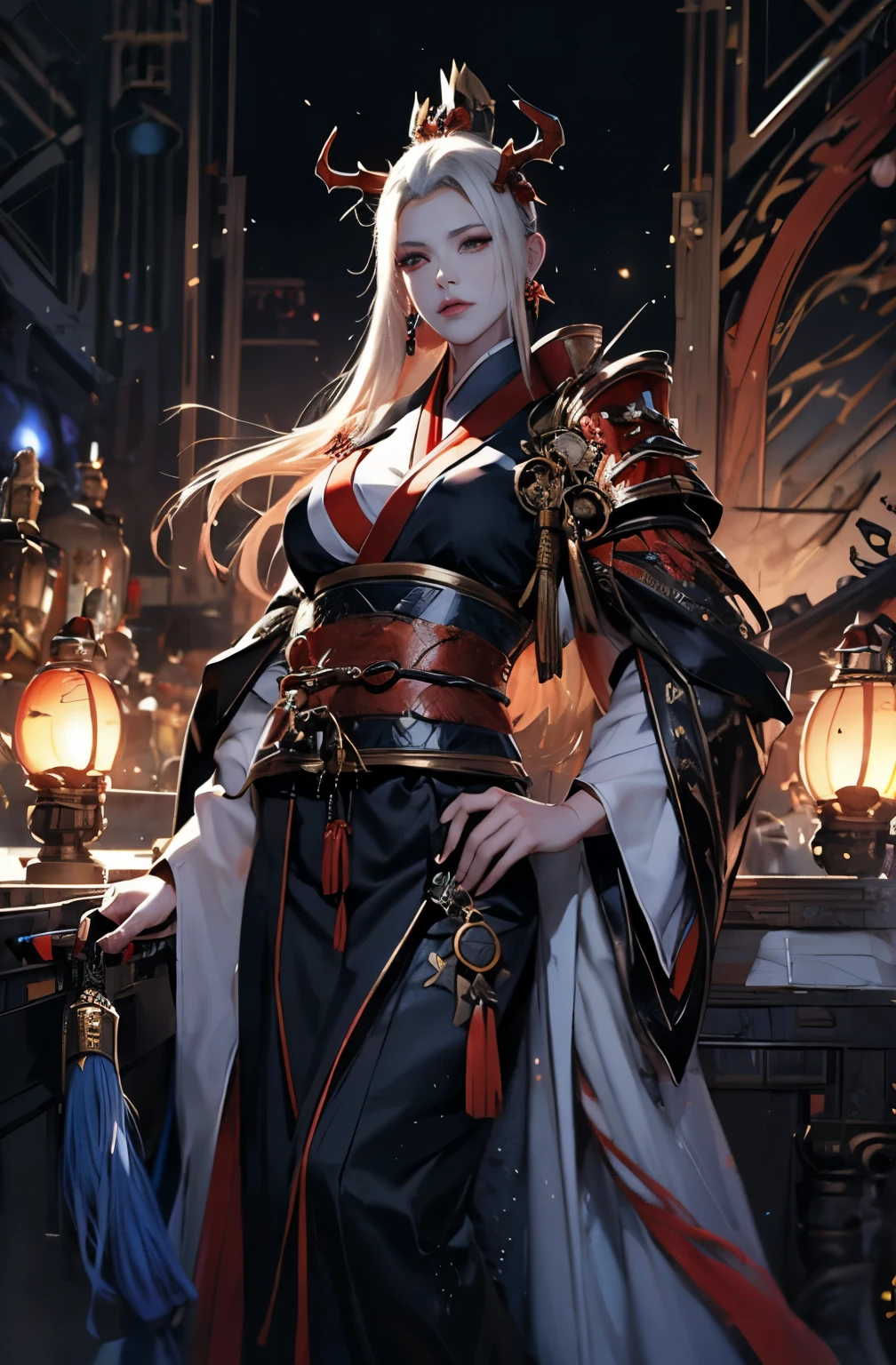 A very beautiful demon woman wearing a red kimono and holding a sword., platinum blonde devil, knife剣を携えた鬼の女, cool beauty, pretty much beautiful face, clear eyes, knife, 妖knife, knife, powerful female samurai, mouth with fangs, gambling, platinum blonde devil, Beautiful red kimono, Oiran, highest ranking woman, ghost girl, Female Yakuza, Toshi Ibaraki, drinking boy, Highly detailed drawing by Yang J.., Art Station Contest Winner, fantasy art, Onmyoji detailed art, lost run 8k, types of bacteria on artstation pixiv, types of bacteria. anime illustration, Onmyoji portrait, types of bacteria and ruan jia, onmyoji, highest quality, perfect angle, perfect composition, best shot, official art, cinematic light, sharp outline, pretty much beautiful face, demon of kyoto, Lord of Chimi Morou, cold devil woman, demon queen, Female Yakuza, full body tattoo, Danbilla, 妖knife, wide, Rashomon