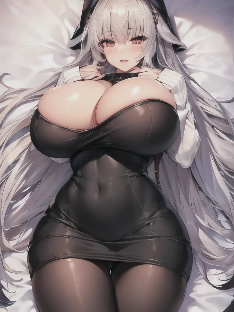 (disproportionate breasts, beautiful breasts, sagging breasts, slender waist, gigantic thighs, tight-fitting sweater dress, black pantyhose:1.5), (colored inner hair, lying on bed:1.4), (best quality, unity 8k wallpaper, official art:1.3), (ultra detailed, an extremely delicate and beautiful, perfect anatomy, close to viewer, two arms, five fingers:1.2), (illustration, caustics, anime colored, super detailed skin, glossy hair, high detailed attire, detailed background, wind, vapours_around_the_girl, breast focus:1.1), dynamic lighting, beautiful detailed eyes, gleaming skin, 1girl, solo, charming wife, absurdly long hair, facing at viewer, seductive smile, open mouth, hidden hands, ,breasts, gigantic breasts, huge breasts ,large breasts