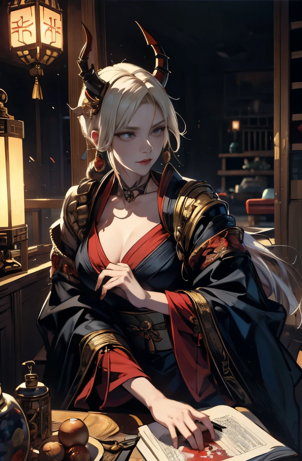 beautiful female samurai painting, 太knifeを持った鬼の女, Suronin, Shura Road, A skilled female swordsman, Dice throw, wanderer, knife, 妖knife, knife, 長いknife, 赤いknife, knife, knife, knife剣, 抜身のknife, strong female samurai, 2book corner, mouth with fangs, Eyes without pupils, Hyakka Ryōran, Flower of Shura, 魑enchantment, Hyakki Night Line, platinum blonde demon, Beautiful red kimono, Female Yakuza, Doji Ibaraki, Shuten Douji, Inspired by Chen Yifei, Inspired by Francesco Hayez, Inspired by Hendrik Terbruggen, Jean=Works that influenced Auguste Dominique Ingres, Inspired by Liu Jun, Jean=Works that influenced Auguste Dominique Ingres, highest quality, perfect angle, perfect composition, The perfect subject, best shot, official art, cinematic light, figurative art, Beautiful and expressive paintings, Beautiful artwork illustration, wonderful, cool beauty, clear, Mysterious, highest quality, official art, perfect composition, perfect angle, best shot, women only, sharp outline, pretty much beautiful face, The demon lurking in the darkness of Kyoto, 魑enchantmentの主, A ruthless demon woman, demon queen, Female Yakuza, full body tattoo, Danbilla, 妖knife, wide, Rashomon