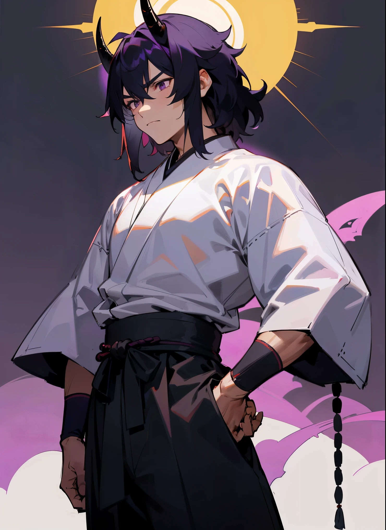1male , Adult Male , Muscular , Wristguards , Black Haori , Fitted Clothing , Yukata , Serious Expression , Medium Length Hair , Shaggy Hair , Purple Eyes , Prayer Beads , Hands at sides , Black Bull Horns , Sunny Background , Forest Background , Sword On Hip, Katana Hilt Attached to hip