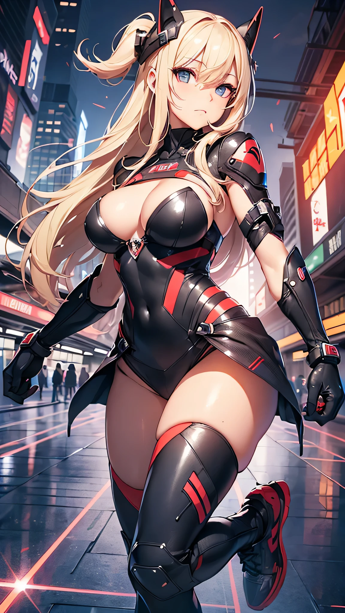 最high quality、best image quality、masterpiece、Android Girl((Robot body、20-year-old、 By becoming、vest bust、medium bust,wide open breast tea、black eye, blonde hair、long hair、thin,highest valley、glowing battle uniform、elationのある動き、超high speed、Feeling of sprinting)),high quality、beautiful art、background((In the airport、high speed、Red laser))、debris flies、Depth of written boundary、movie、visual art、perfect art、8K,genuine、elation、Dynamic expression(1:2)、elation