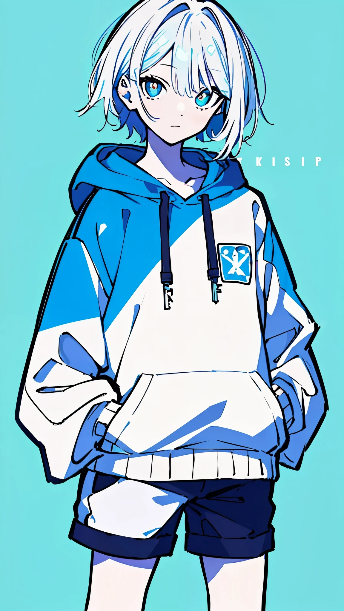 (masterpiece, highest quality:1.6), alone, thick outline, (simple background, light blue background, monochrome, light blue theme:1.2), official art, Key Visual, 8K, disorganized, whole body, (unique hair, Oversized Hoodies, hot pants, arch back, short torso:1.2), belly button, thighs, cowboy shot, HDR, sharp focus, High resolution, most detailed, very detailed, Super detailed, finely, detailed eyes and face, sharp pupils, realistic student, solo, blue and white contrast, solo, hands in pockets